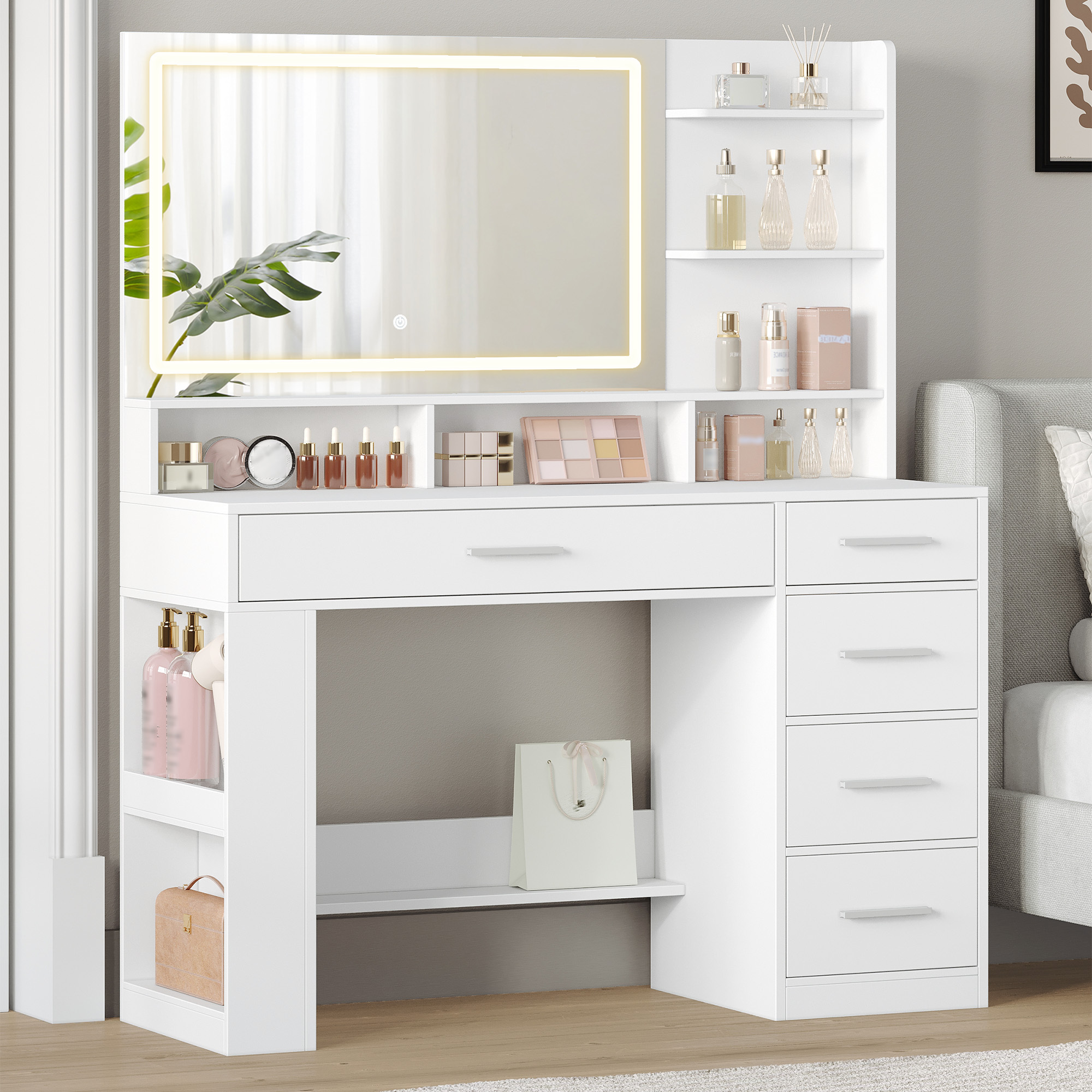 TEMU Tocador Grande con Espejo HD Grande, Tocador con Luz LED, Mesa de Maquillaje con 6 Compartimentos Abiertos, 5 Cajones y Almacenamiento Lateral