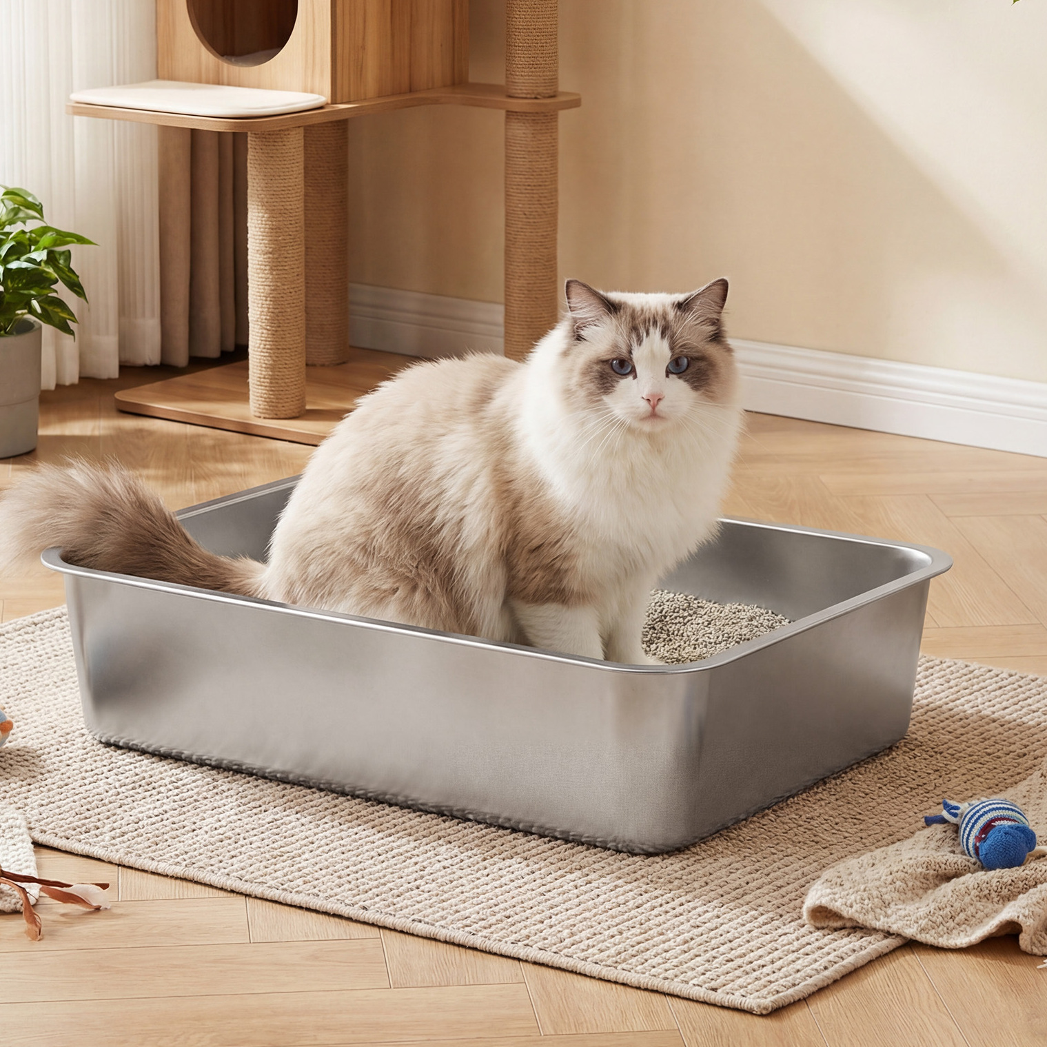 E-shop Katzenklo Edelstahl mit Schaufel 40-60cm,offenes mit hohen Rändern verhindert das Verschütten von Katzenstreu,geruchsneutral , leicht zu