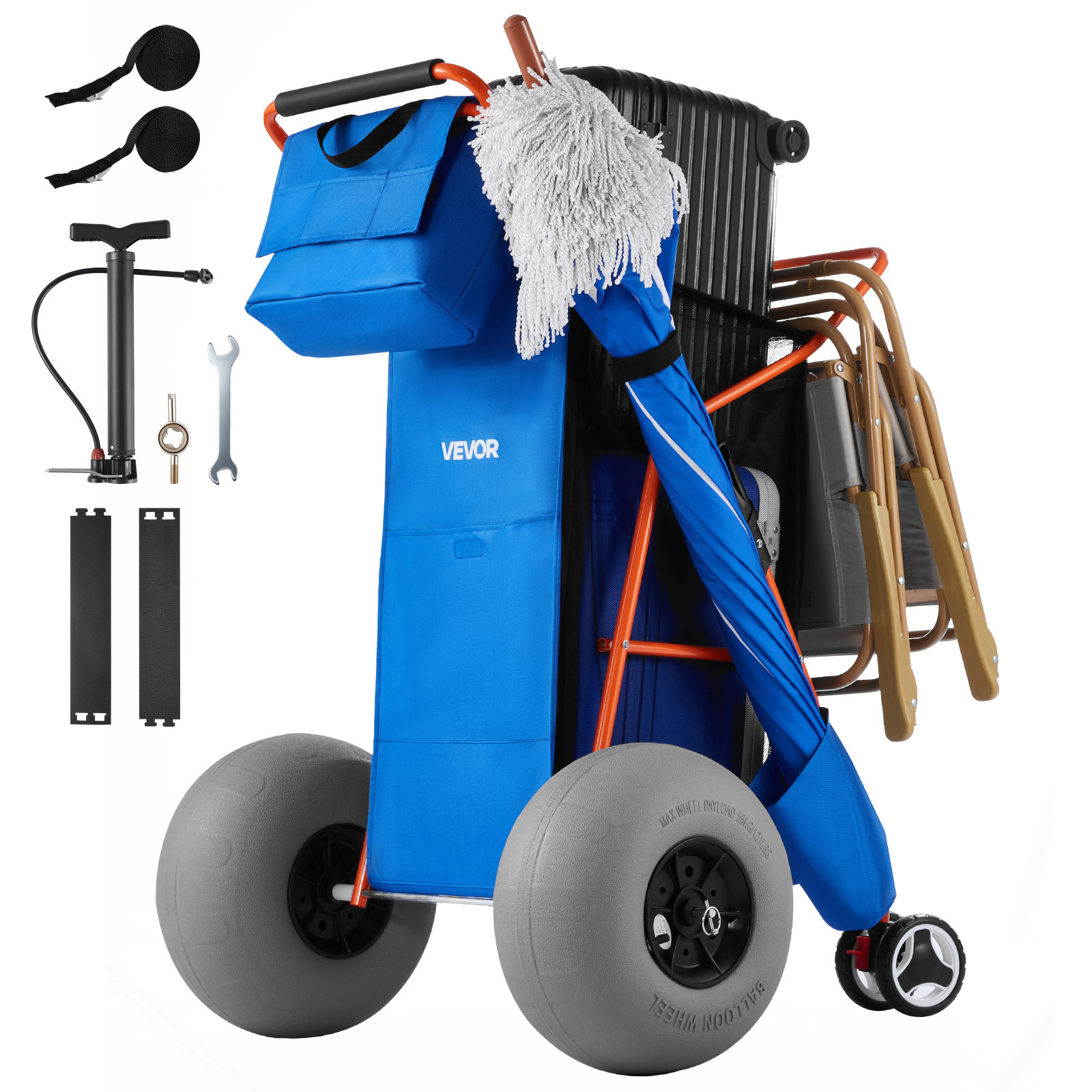 Vevor Beach Cart With Large Wheels For Sand, 165 Lbs Load Capacity, Heavy Duty Folding Beach Wagon With 12" Balloon Wheels, Insulated Cooler Bag, Umbrella Holder, Holds 4 Chairs For Camping & Fishing