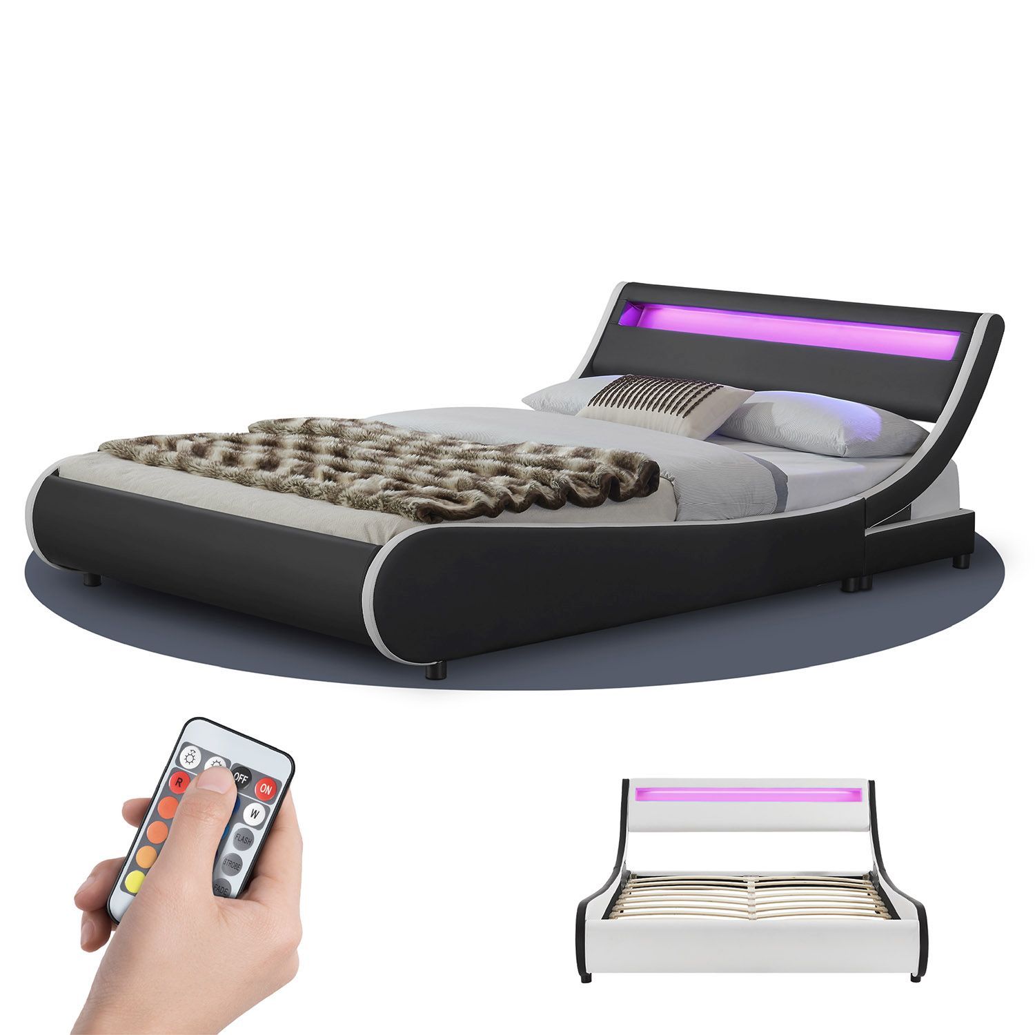 Upholstered Bed - Bed Frame With Led Lighting And Slatted Base