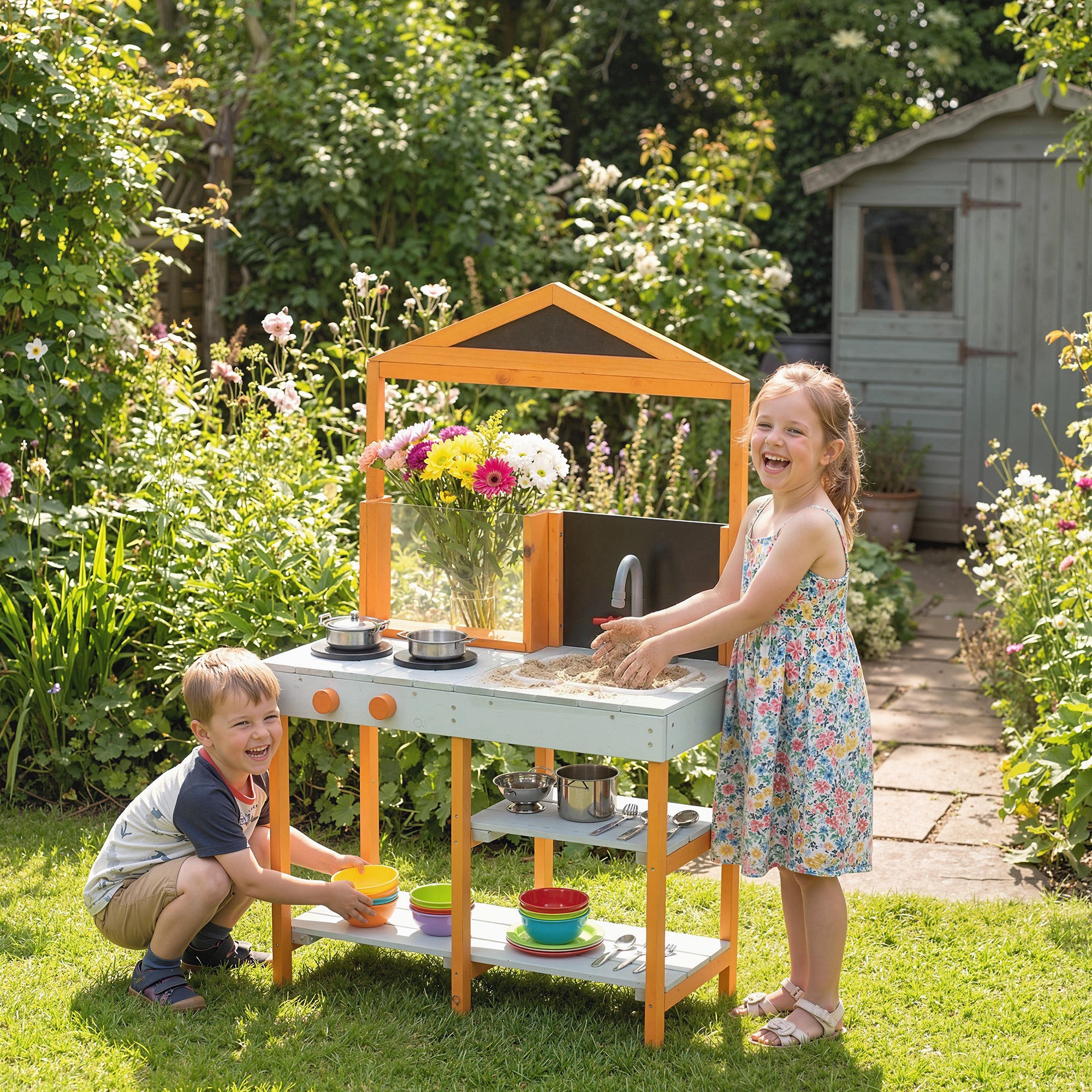 TEMU Mud Kitchen For Kids, Outdoor Wooden Play Kitchen With Removable Sink, Stove, Cookware Accessories, Storage Shelves, Pretend Play Toy For Boys