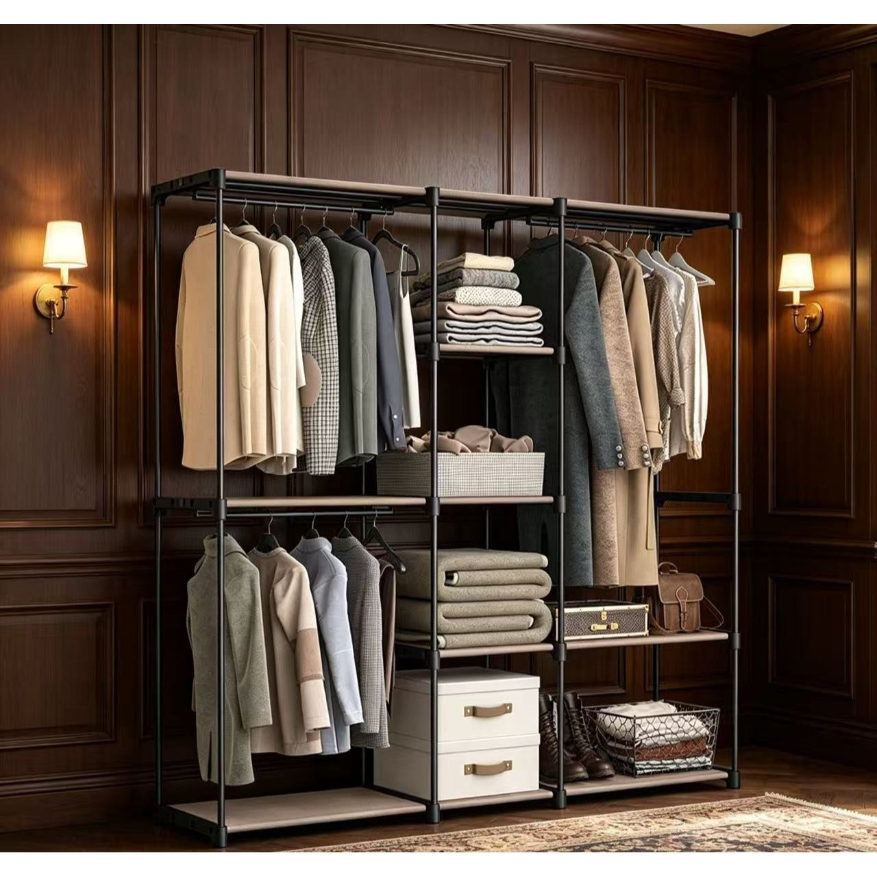 Image of Free-standing Clothes Rack With Metal Frame, Equipped With A Clothes Rail And Fabric Shelves, Measuring 182 × 43 × 182 Cm, Combines The Functions Of A Wardrobe And A Clothes Stand.