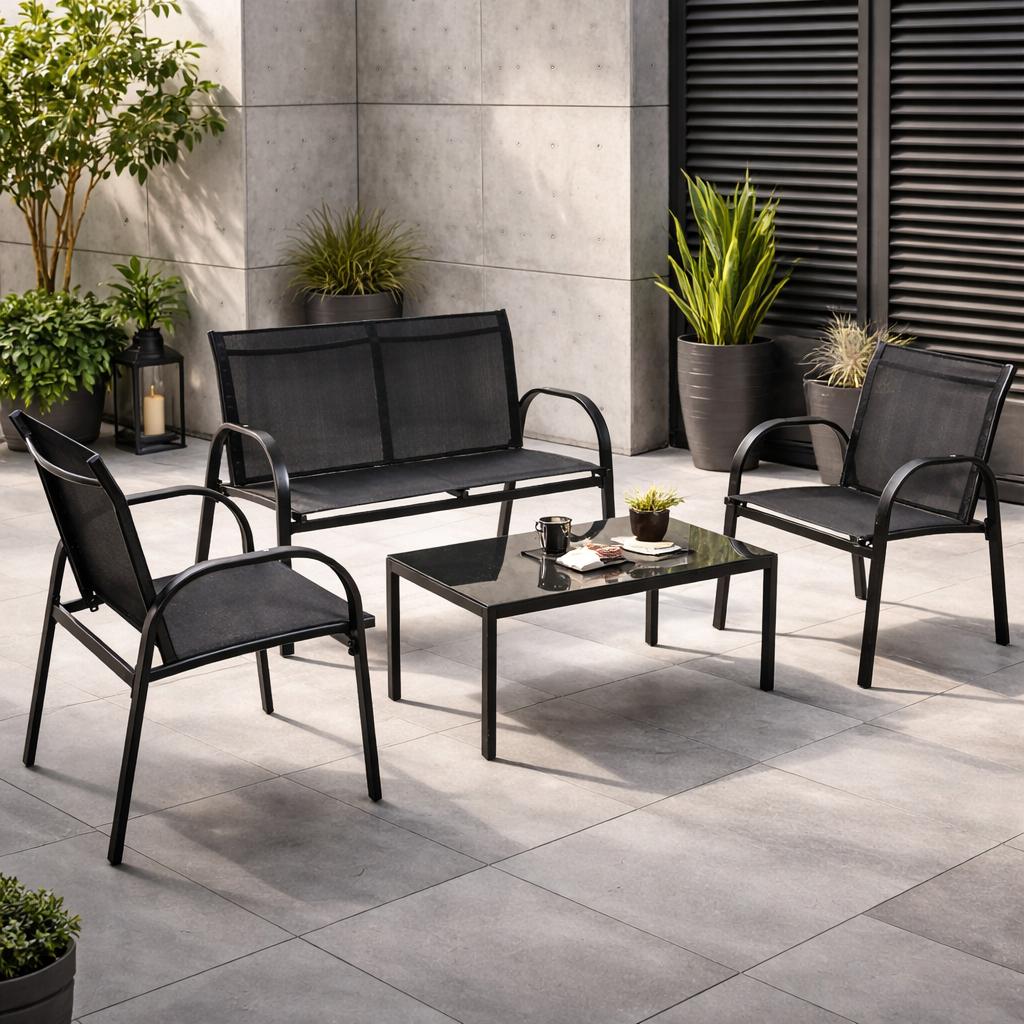 4pcs Lounge Set, Steel + Artificial Fabric Black