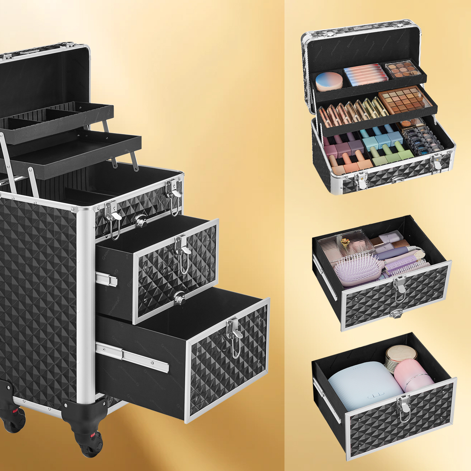 TEMU Chariot de maquillage, trousse de maquillage, valise de coiffure, avec 4 roues universelles amovibles, dessus à 3 niveaux, tiroirs avec