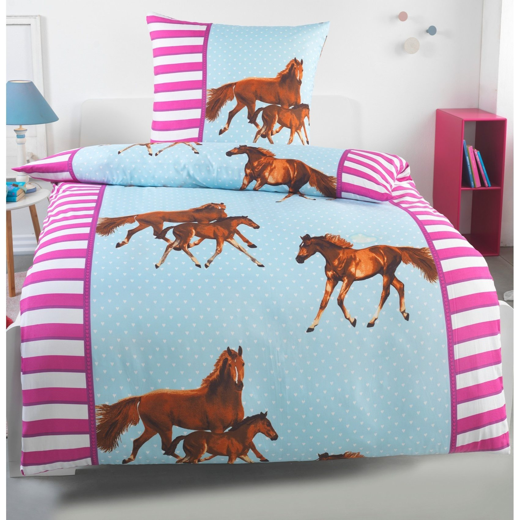 Bed Linen 135x200 Horse Microfiber Bed Sheet Set With Chic Check Pattern, 1 Bed Sheet + 1 Pillowcase 80x80 Cm, For Single Bed With Zipper