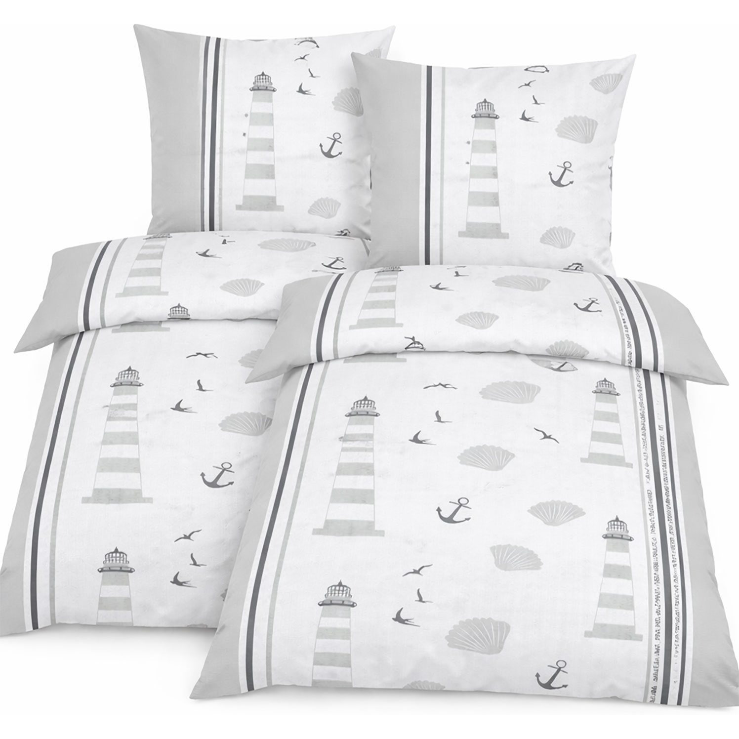 4-piece Seersucker Bedding Set, 2x (135x200 + 80x80 Cm), Wrinkle-free, Maritime, Lighthouse, White, Beige