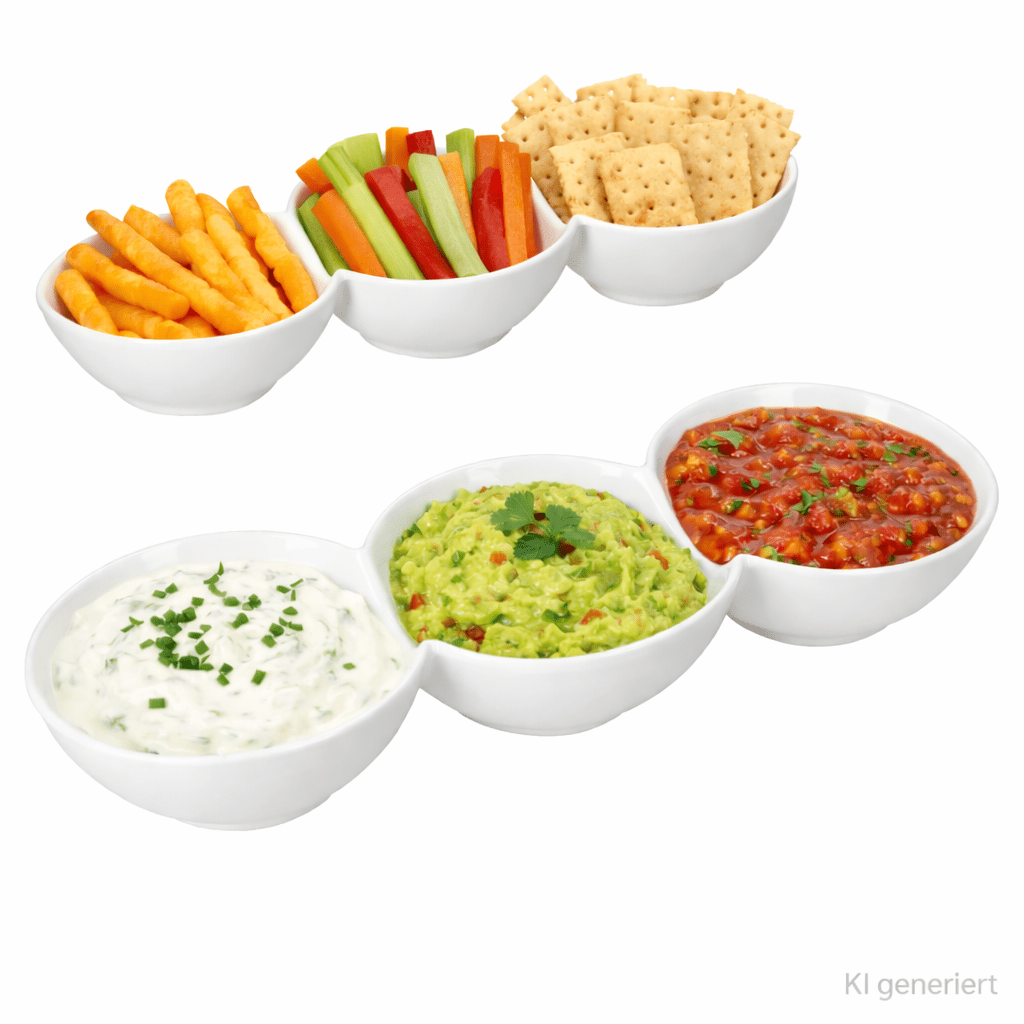 2-piece Set Of White 3-compartment Dip Bowls For Dips, Antipasti, And Appetizer Trio