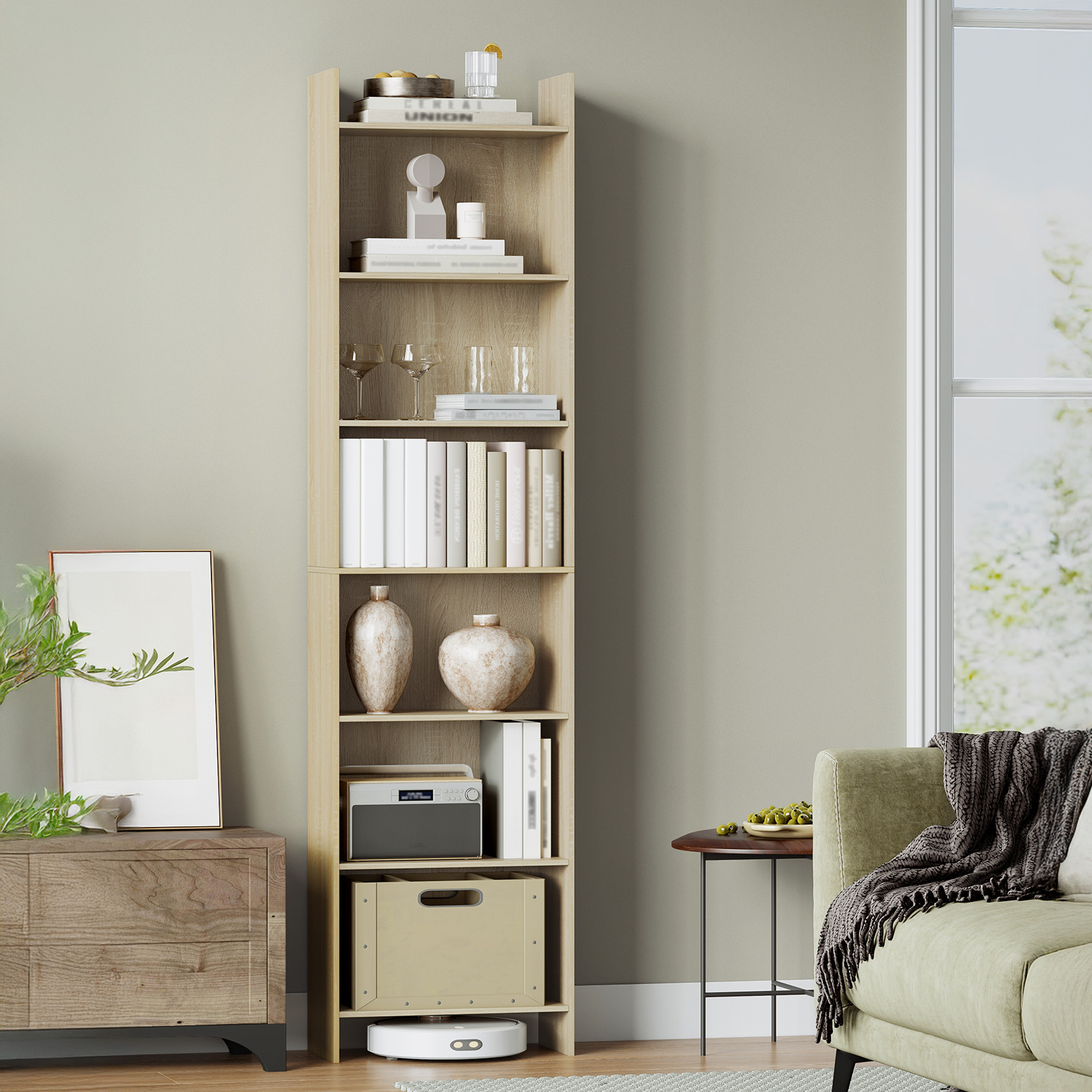 Image of Bookshelf, Shelf, Freestanding Shelf, Office Shelf, With 7 Compartments, Open, For Living Room, Study, Office, As A Room Divider, 24 X 48 X 197.4 Cm, Oak Beige