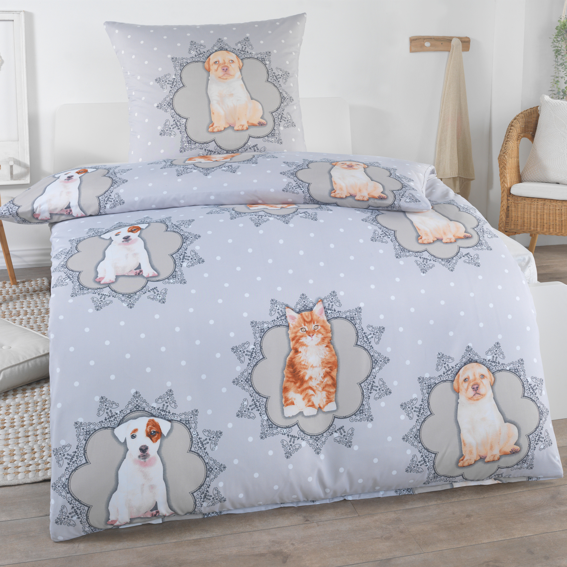 Image of Bedding Set 135x200 Pets Microfiber Duvet Cover With Stylish Checkered Pattern, 1 Duvet Cover + 1 Pillowcase 80x80 Cm, For Single Bed With Zipper, German Size