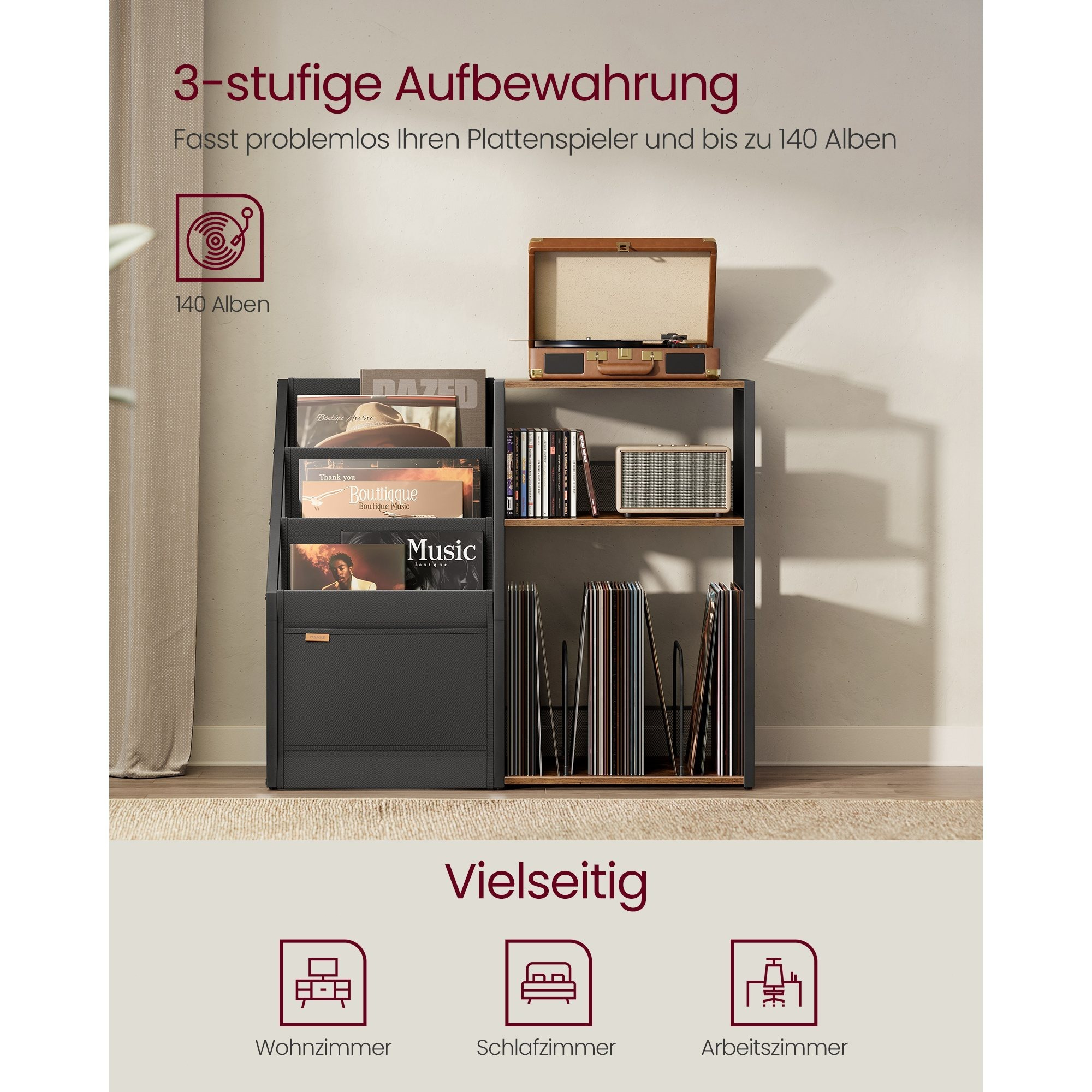 Record Player Stand, 3-tier Side Table, Record Storage For Up To 140 Albums, Table For Living Room And Bedroom, .