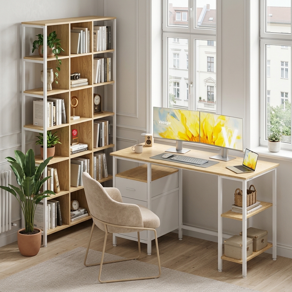Image of Computer Desk, Writing Desk, Office Desk With 3 Shelves And 2 Drawers, 127 X 50 X 76 Cm, For Office And Living Room, , Natural Oak.
