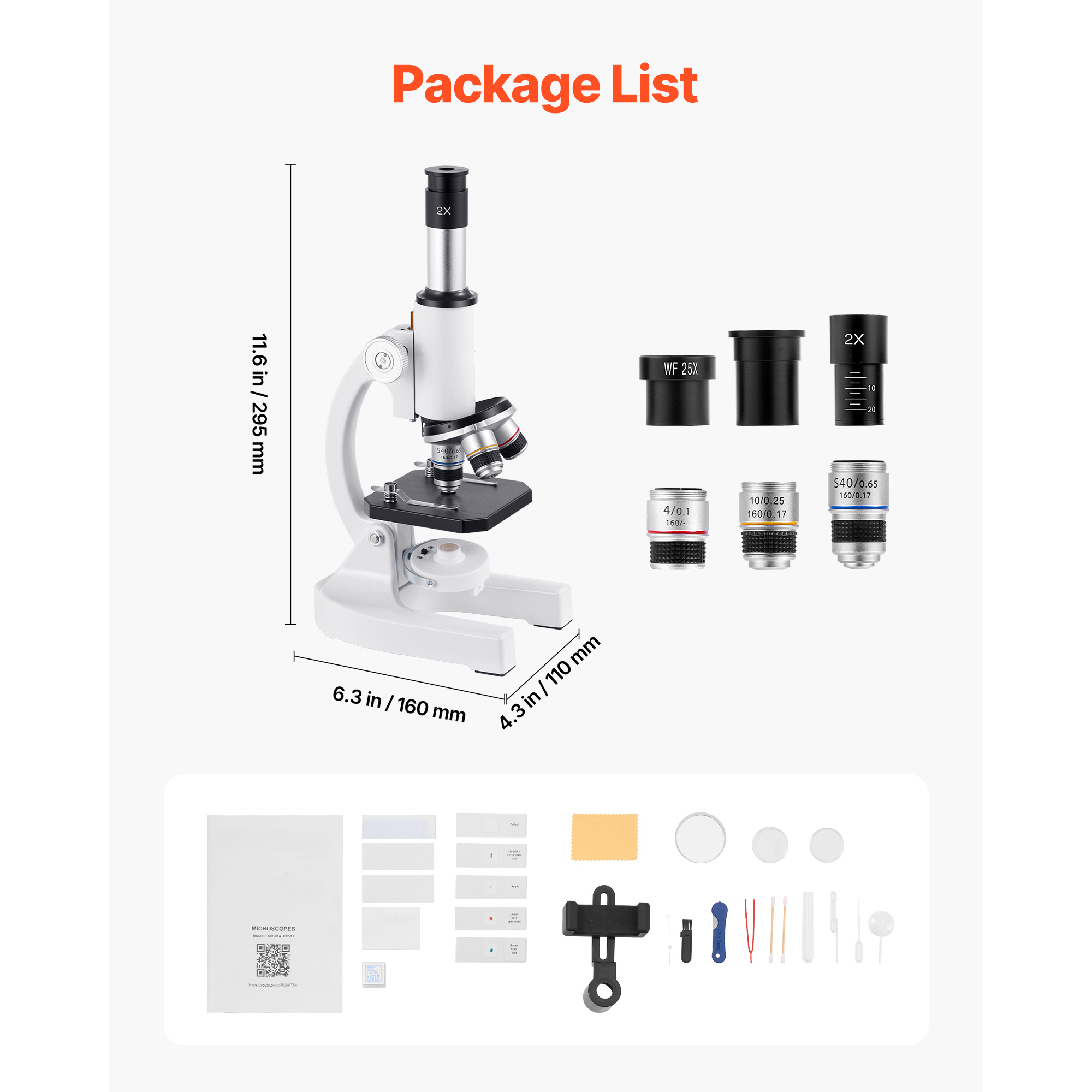 Vevor Adult Monocular Microscope Professional Composite Microscope Kit 40x-2000 Magnification Aluminum Alloy Housing With Led Light & Phone Holder For Laboratory School Home
