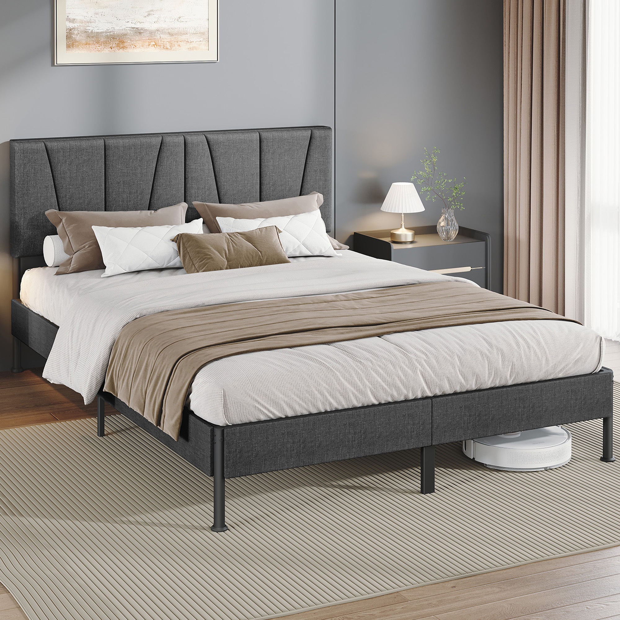Image of Upholstered Bed 140 × 190 Cm, Bed Frame, Double Bed Frame With Upholstered Headboard, Double Bed With Metal Slatted Base, Bed Frame Suitable For The Bedroom, Dark Grey