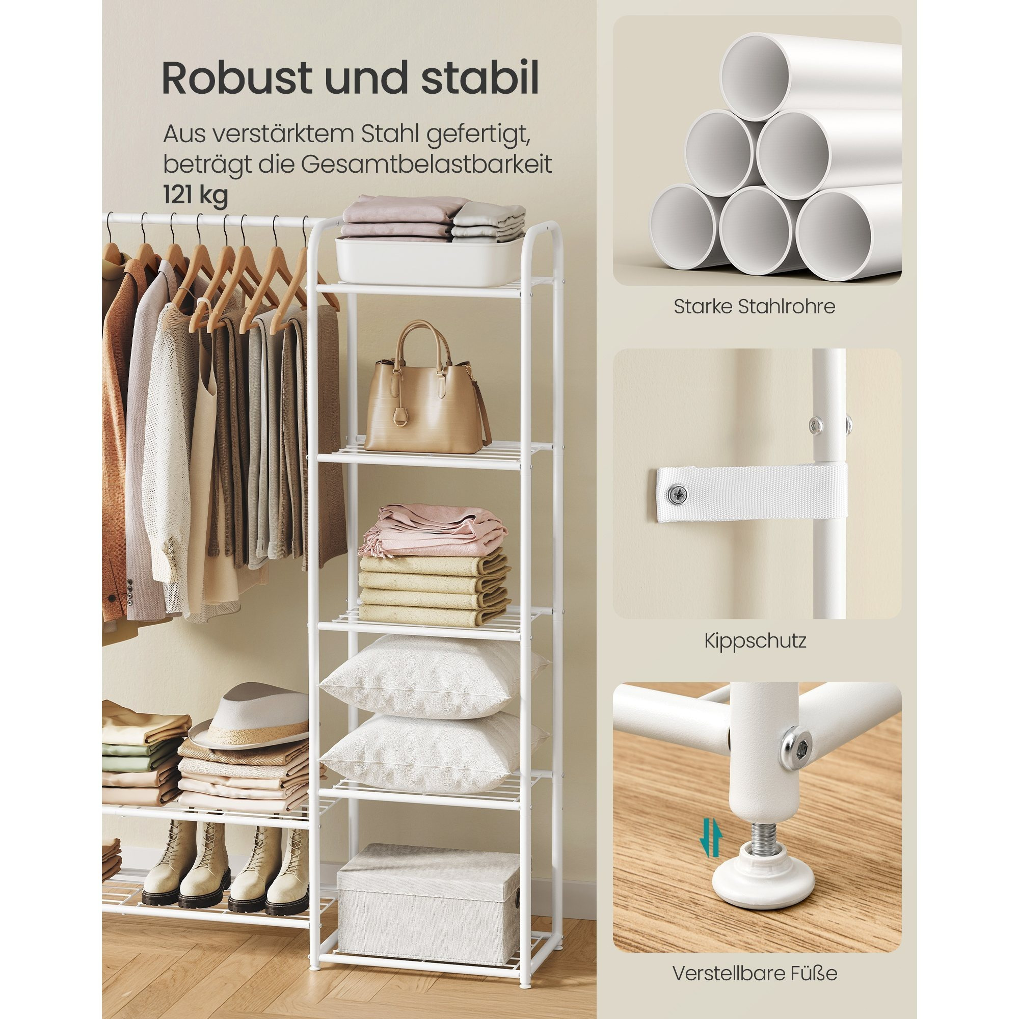 Open Wardrobe, Clothes Rail With Shelves, Metal Coat Rack, Freestanding, 29 X 183 X 158.4 Cm, Matte White