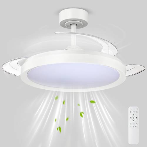 retractable ceiling fan with lighting features three color temperature options cct in white and wood grain 42 inch 36 inch an invisible remote control adjustable light three color temperatures and six wind