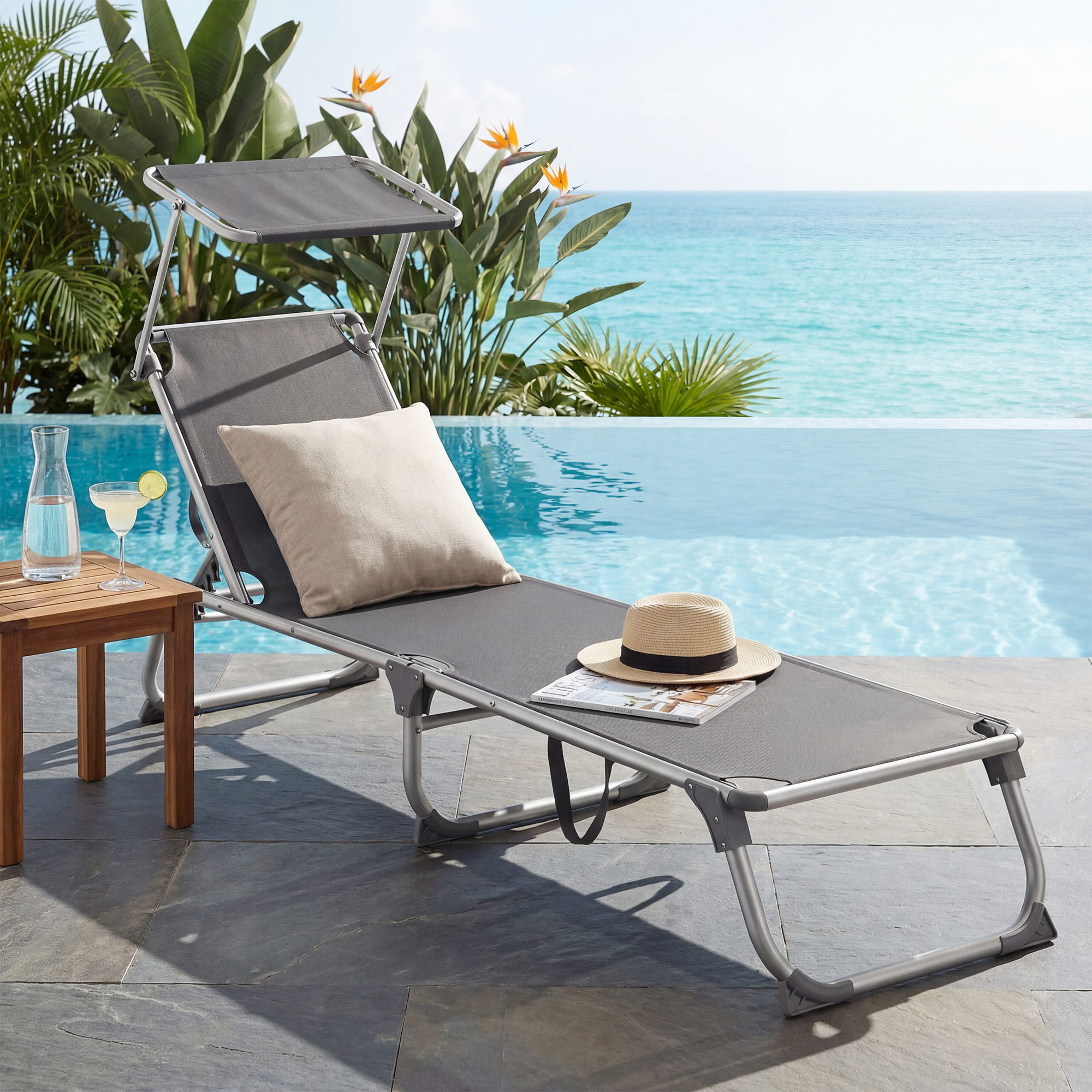 Folding Sun Lounger, Adjustable Reclining Chair, Supports Up To 150 Kg, Sun Protection, Headrest, Adjustable Backrest, Dark Gray