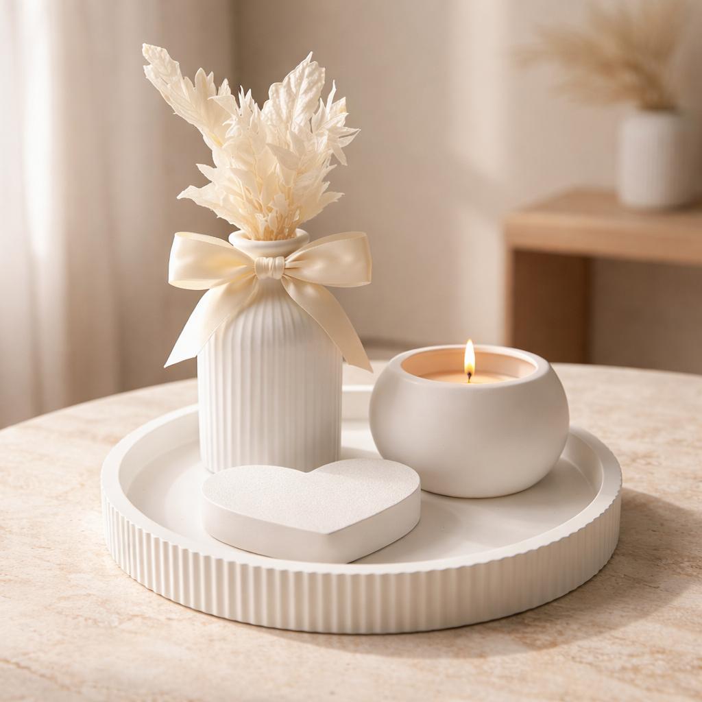 Image of Heart Decor Set With Vase, Sparkling Heart & Candle Holder On Decorative Plate