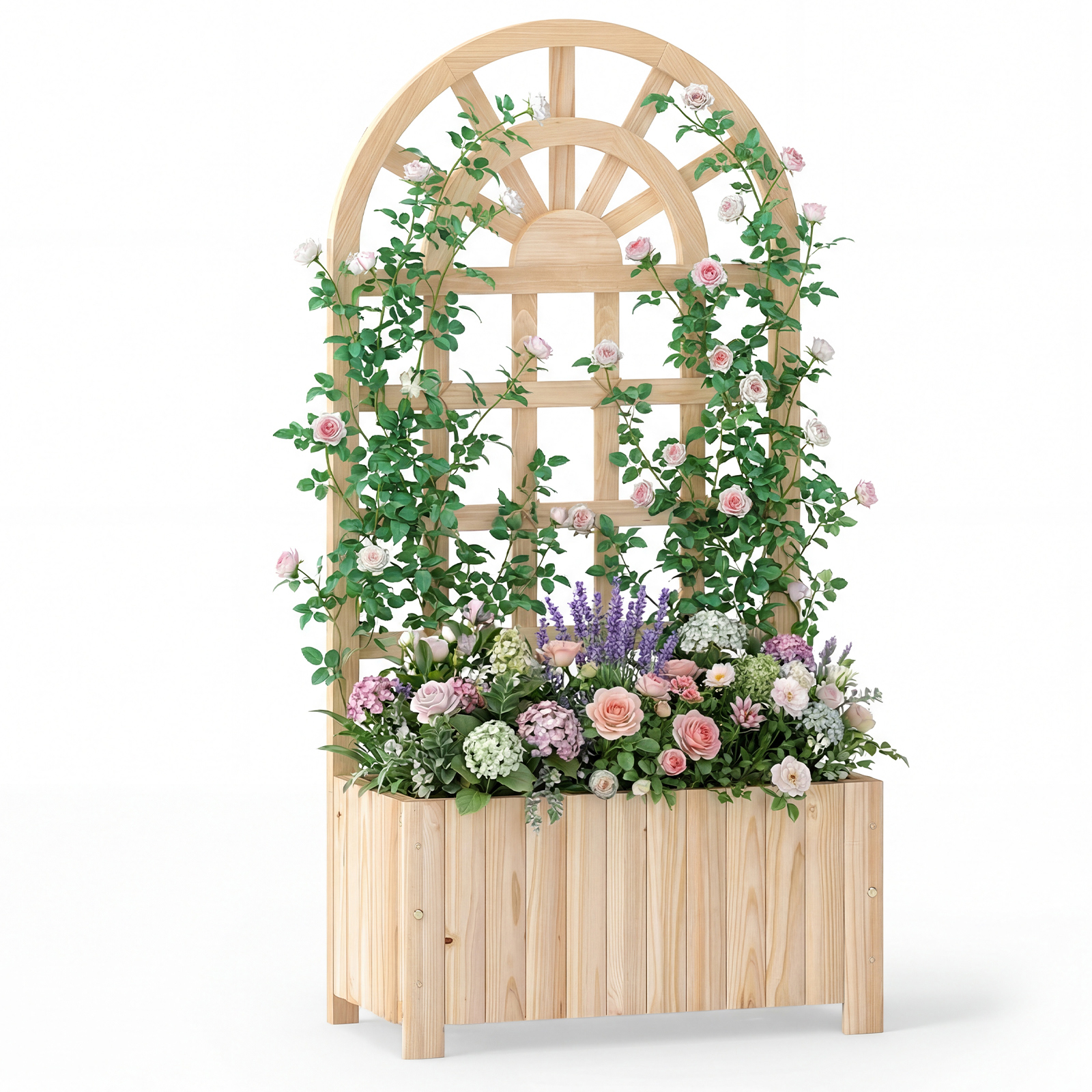 Image of Raised Wooden Planter With Trellis, Outdoor Flower Box With Privacy Screen And Drainage Holes
