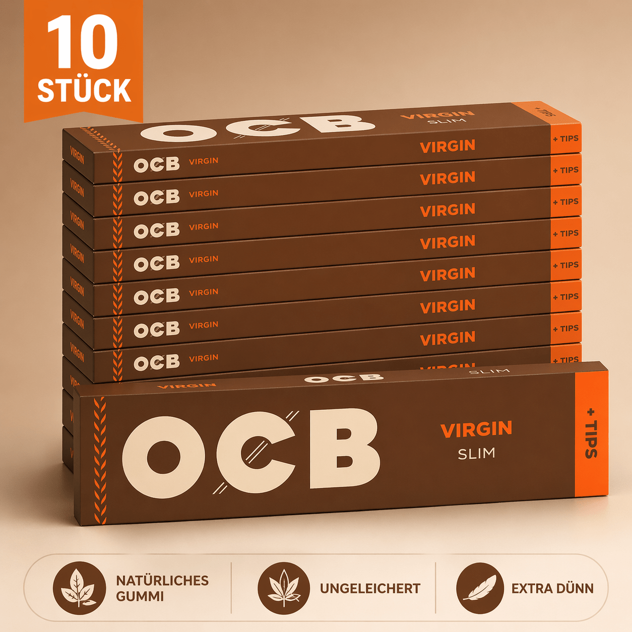Ocb Slim + Tips 10-pack – Extra Thin Papers With Tips – Natural & Unbleached