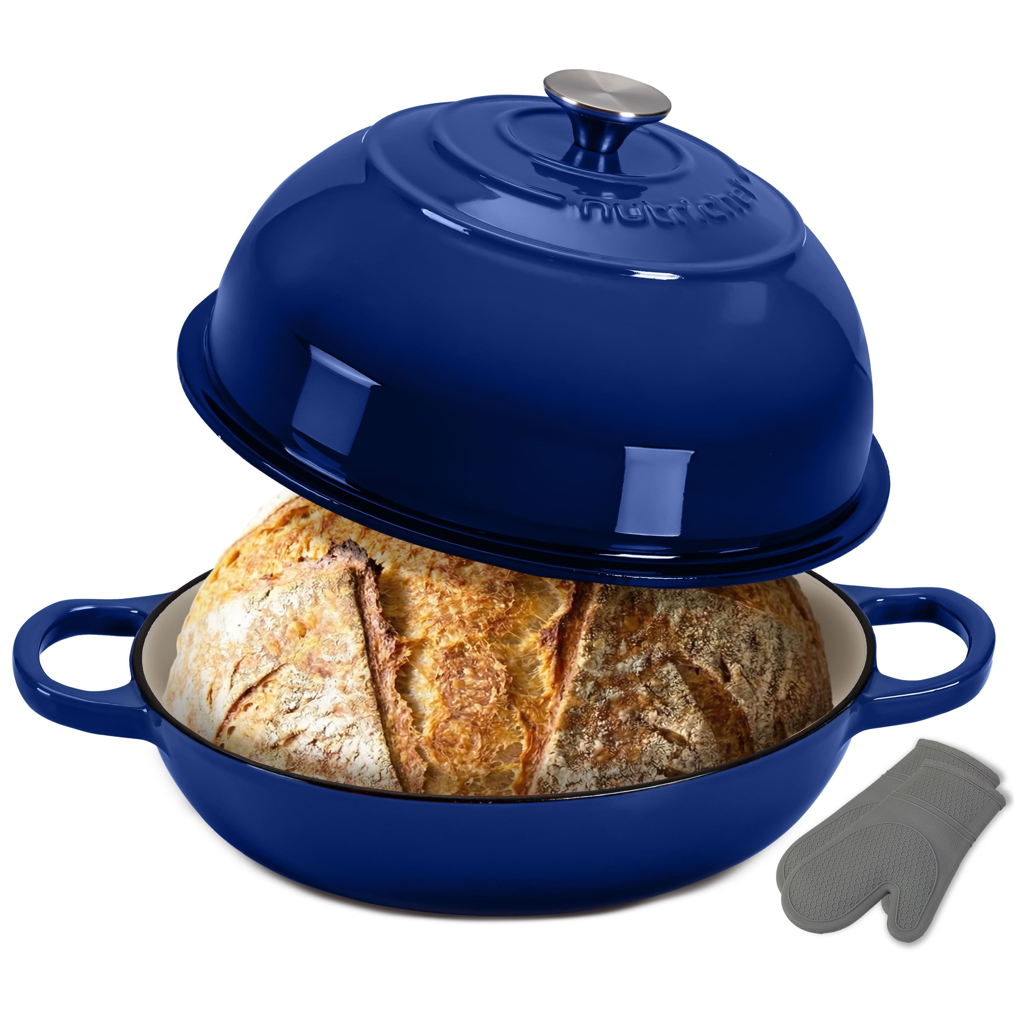 E-shop NutriChef Gusseisentopf zum Brotbacken Dutch Oven Emailliert Blau– Mit Deckel und Griffen – Inkl. Silikonhandschuhe – Für Backofen und Induktion