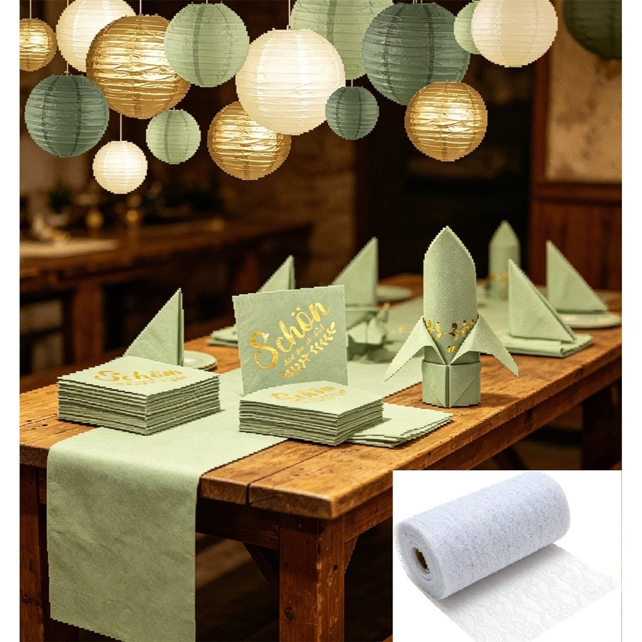 E-shop 57 Stücke Eukalyptus Grünes Tischtuch und Serviette Laterne Set Tischdekoration Set, Taufe, , Konfirmation, Hochzeit und Geburtstag Dekoration