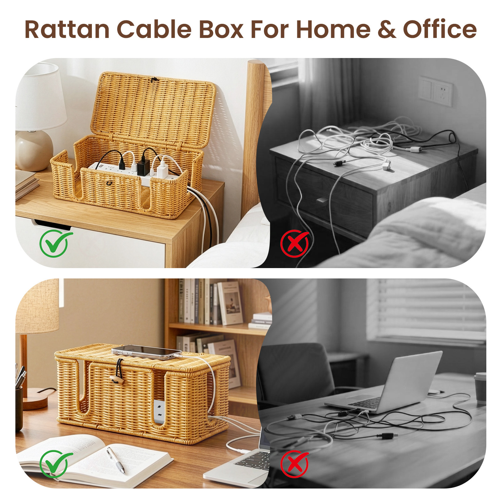 Rattan Woven Cable Organizer Box with Lid
