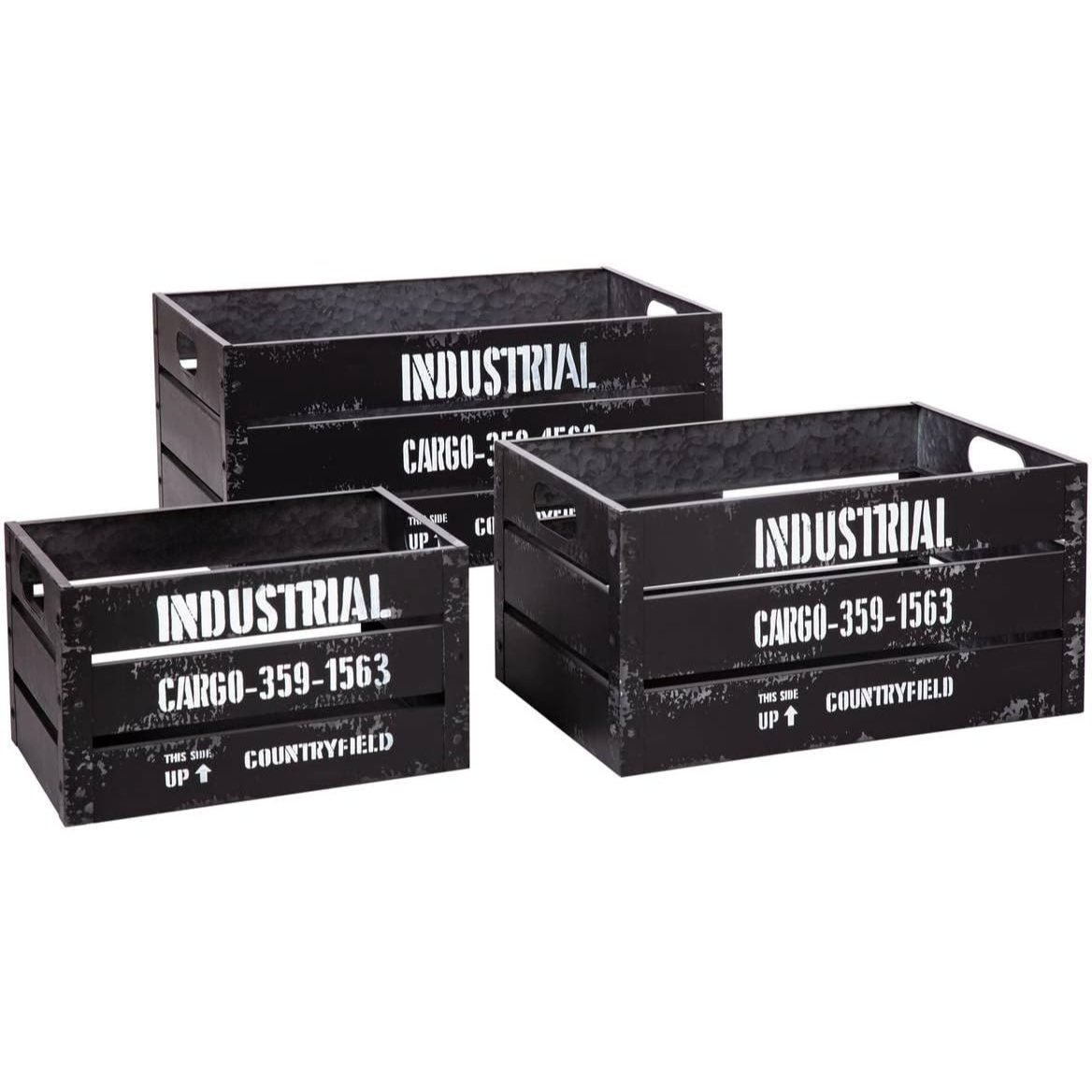 Set Of 3 Industrial Metal Black Crates