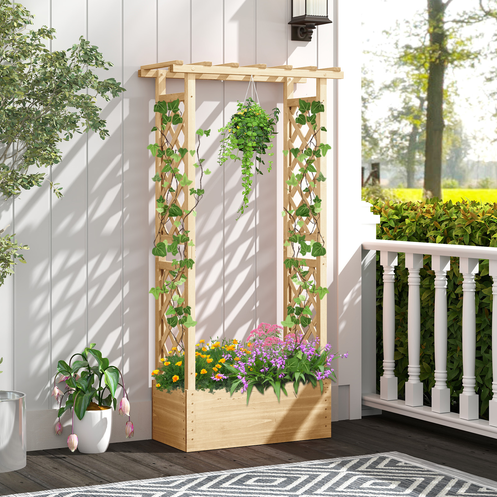 Image of Raised Garden Bed With Trellis, Wood Freestanding Planter Box With Hanging Roof, Drainage Holes For Climbing Plants, Flowers, Vegetables, Indoor Outdoor Planting Bed For Patio Yard