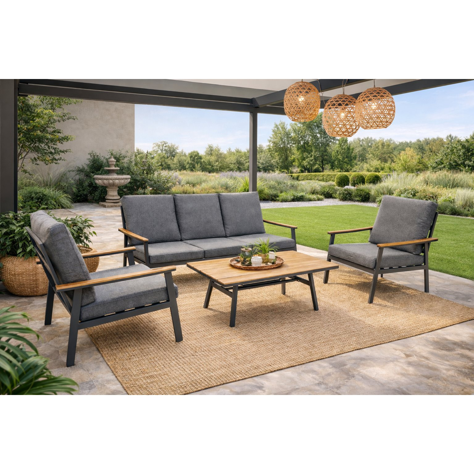 4pcs Lounge Set, Aluminum + Brown Artificial Wood, Grey Upholstery