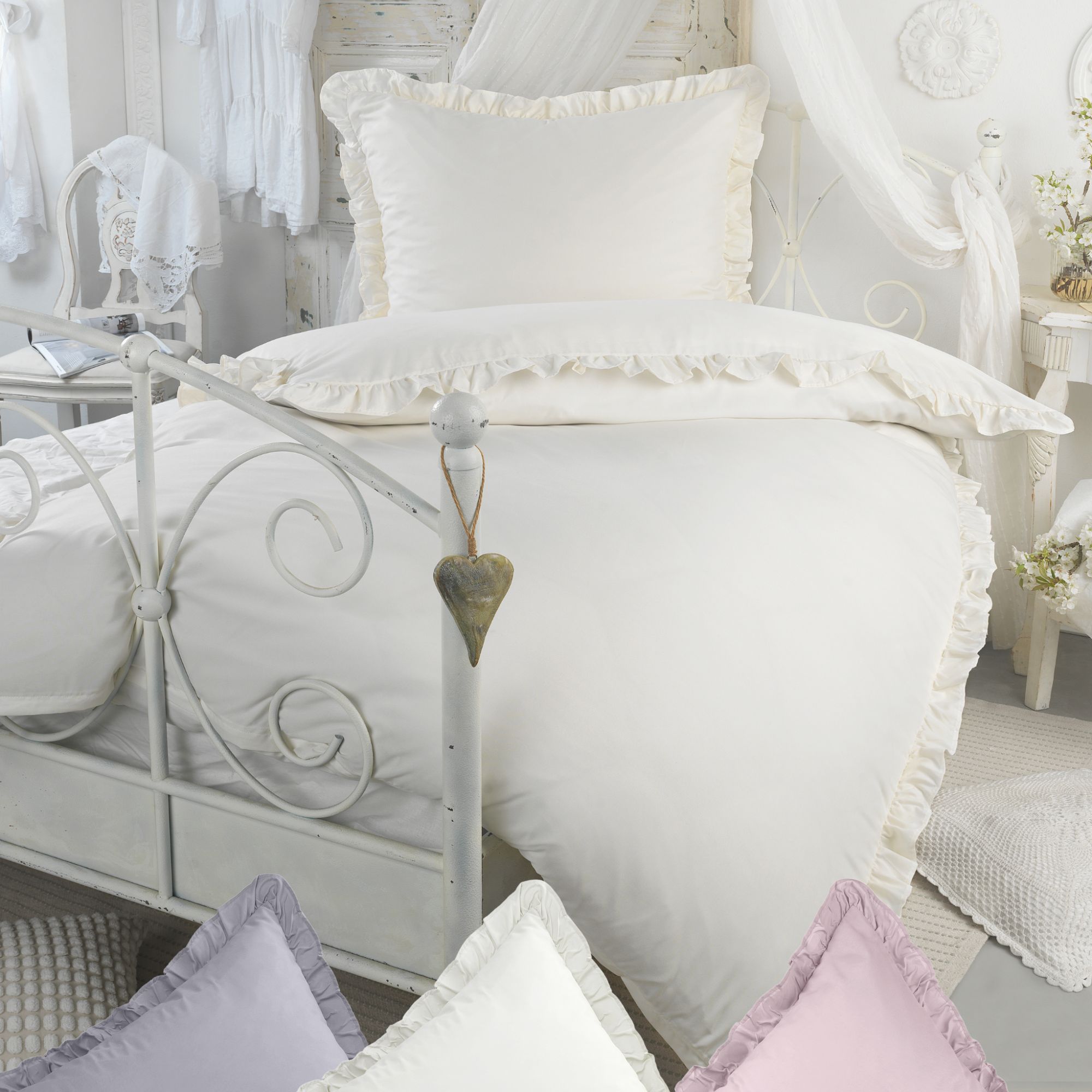 Image of Basatex Ruffles Bedding Set, Microfiber Bed Sheet 135x200cm + Pillowcase 80x80cm, Soft, , Breathable And Wrinkle-resistant - Romantic Bedding - Pink, Cream Or Grey
