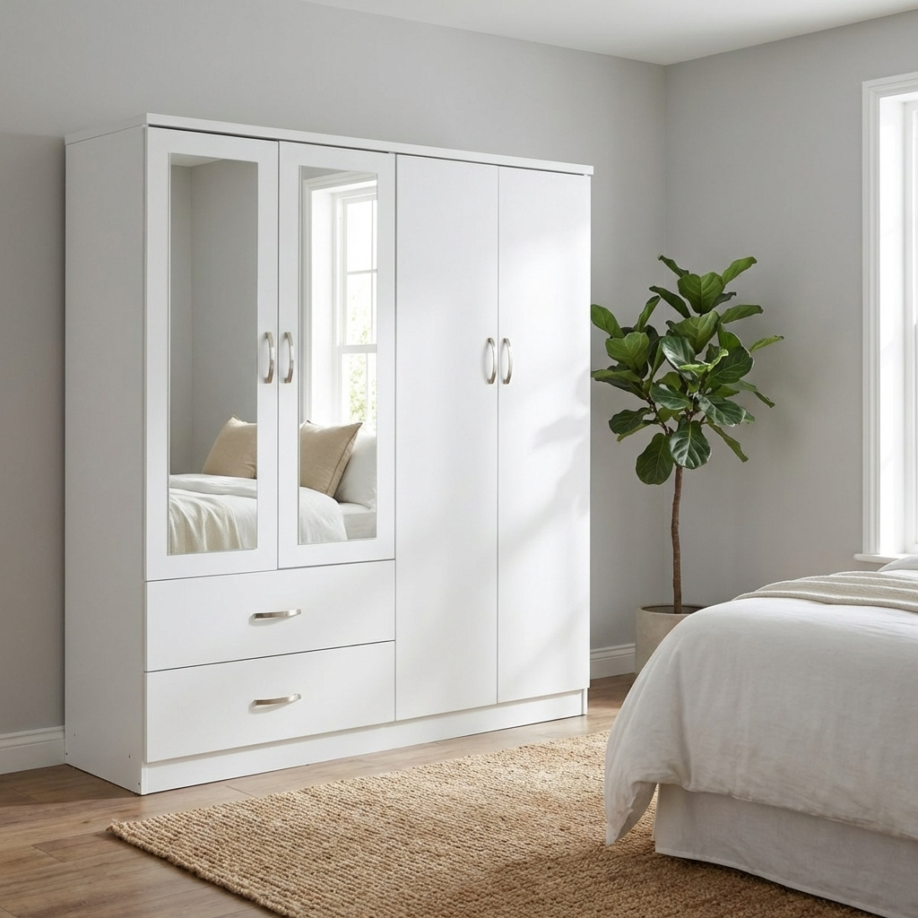 TEMU White 4 Door 2 Drawer Mirrored Wardrobe Bedroom Furniture Storage
