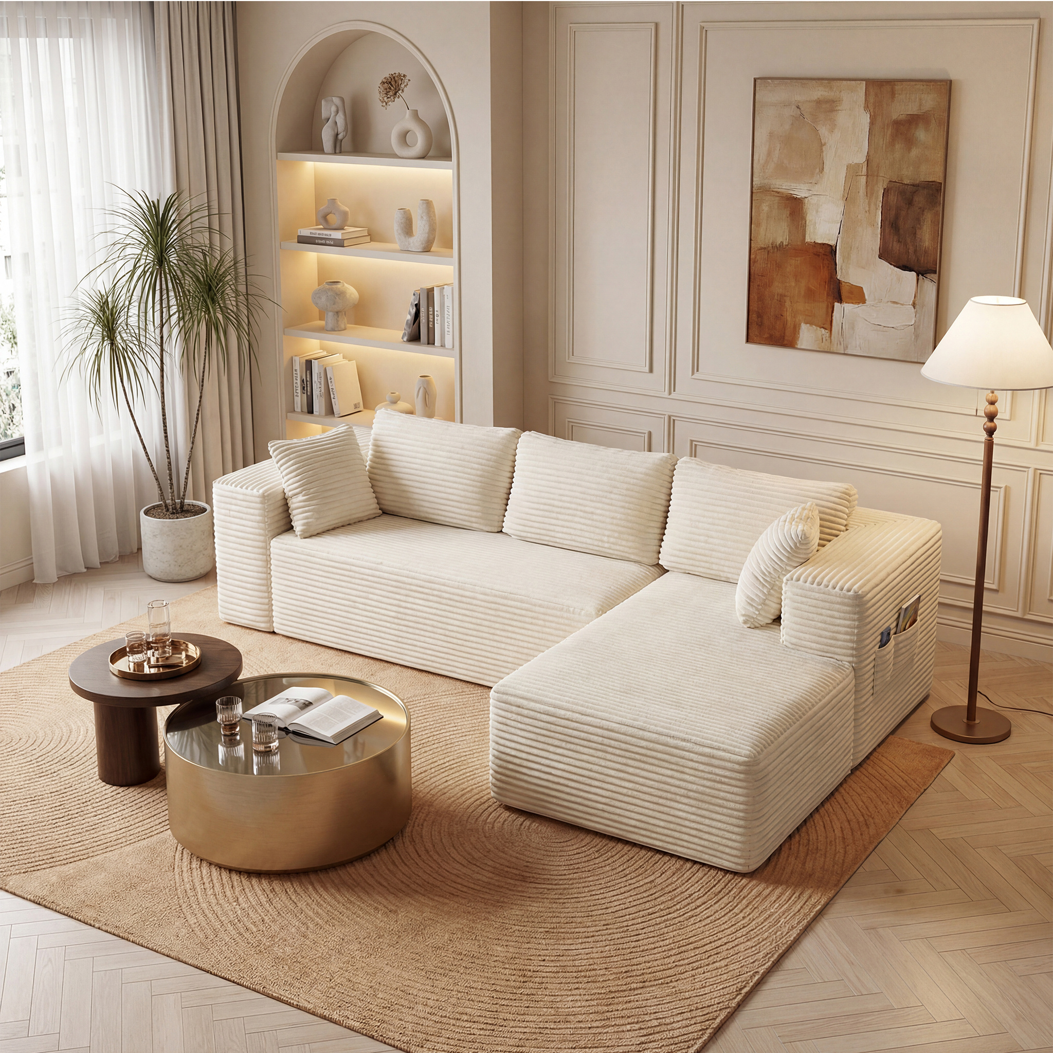 Image of Corner Sofa With Right Ottoman, 4-seater Made Of Corduroy, Vacuum-packed & No , For Living Room & Family Evenings, Dark Grey/beige, 43ar