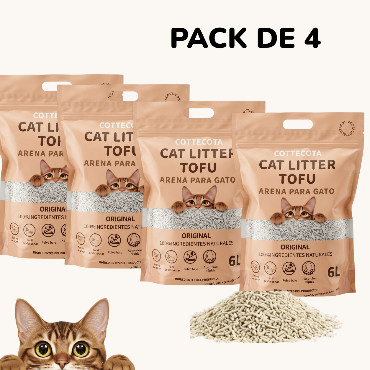 TEMU Pack 4 Arena para Gatos 6 L de Tofu |aromas , Lavanda o café | Total de 24Litros | natural para Gatos Librural Aglomerante ,Arena para mascota