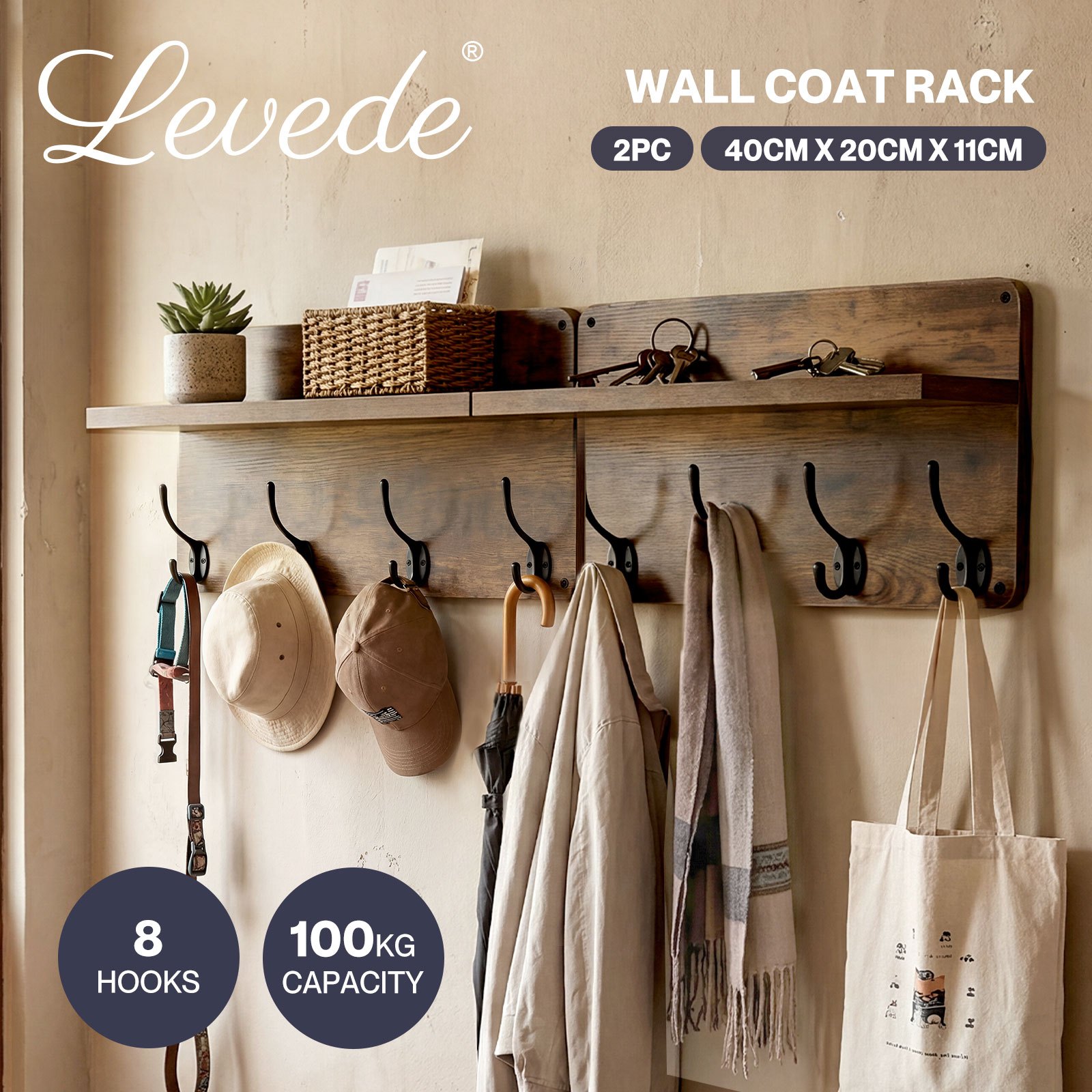TEMU Levede Wall Coat Rack 2 Pack, 8 Hooks Heavy Duty Wooden Entryway Organizer With Shelf, Wall Mounted Mdf Storage For Coats Bags Keys, 40x10x20cm