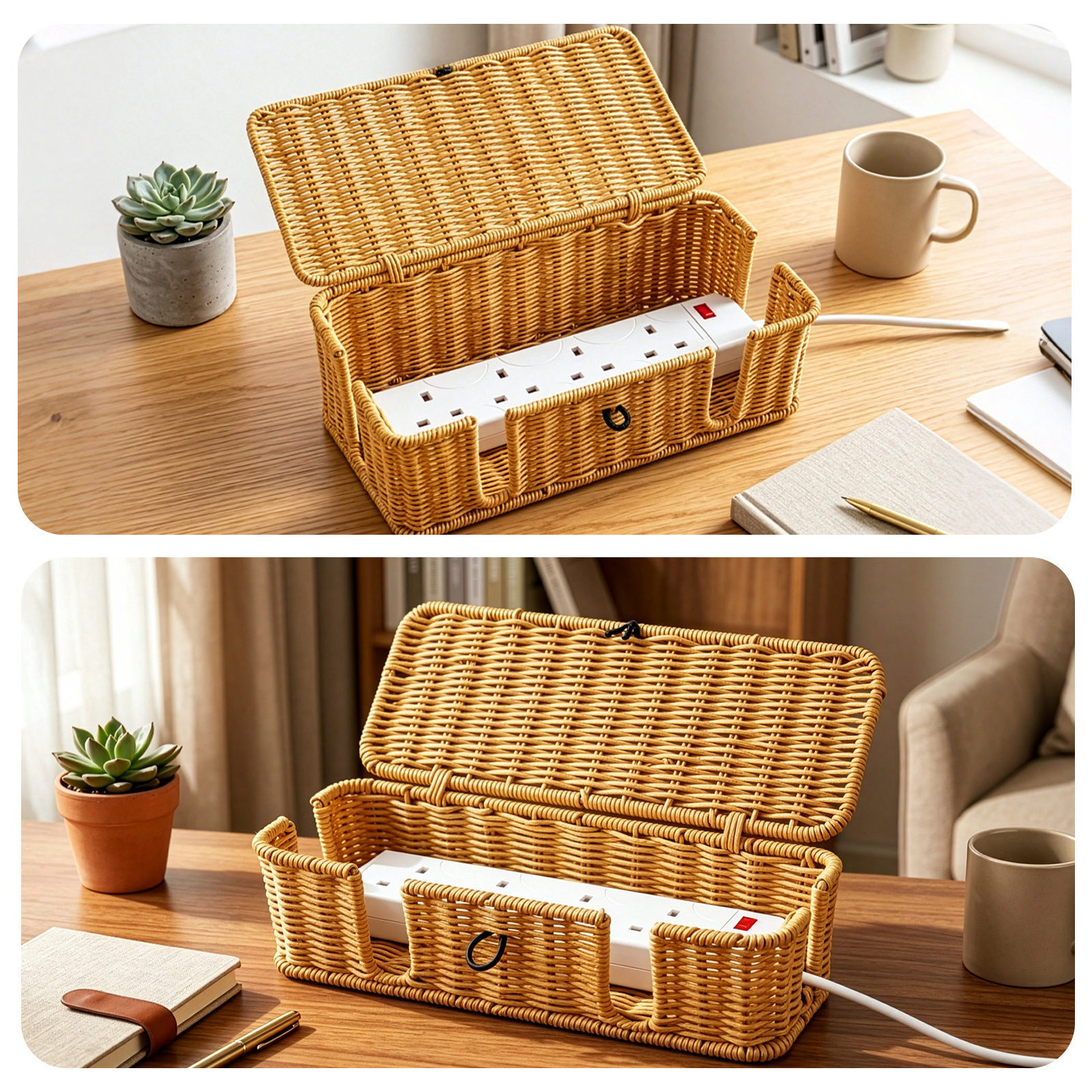 Rattan Woven Cable Organizer Box with Lid