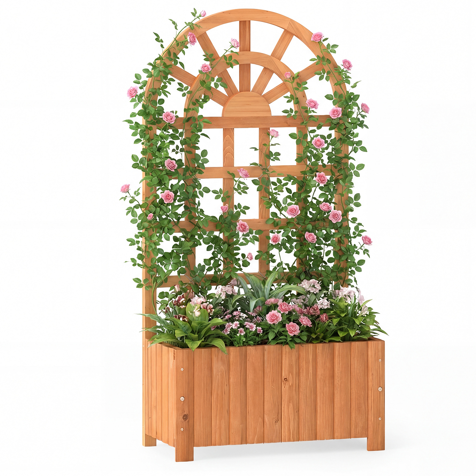Raised Wooden Planter With Trellis, Outdoor Flower Box With Privacy Screen And Drainage Holes