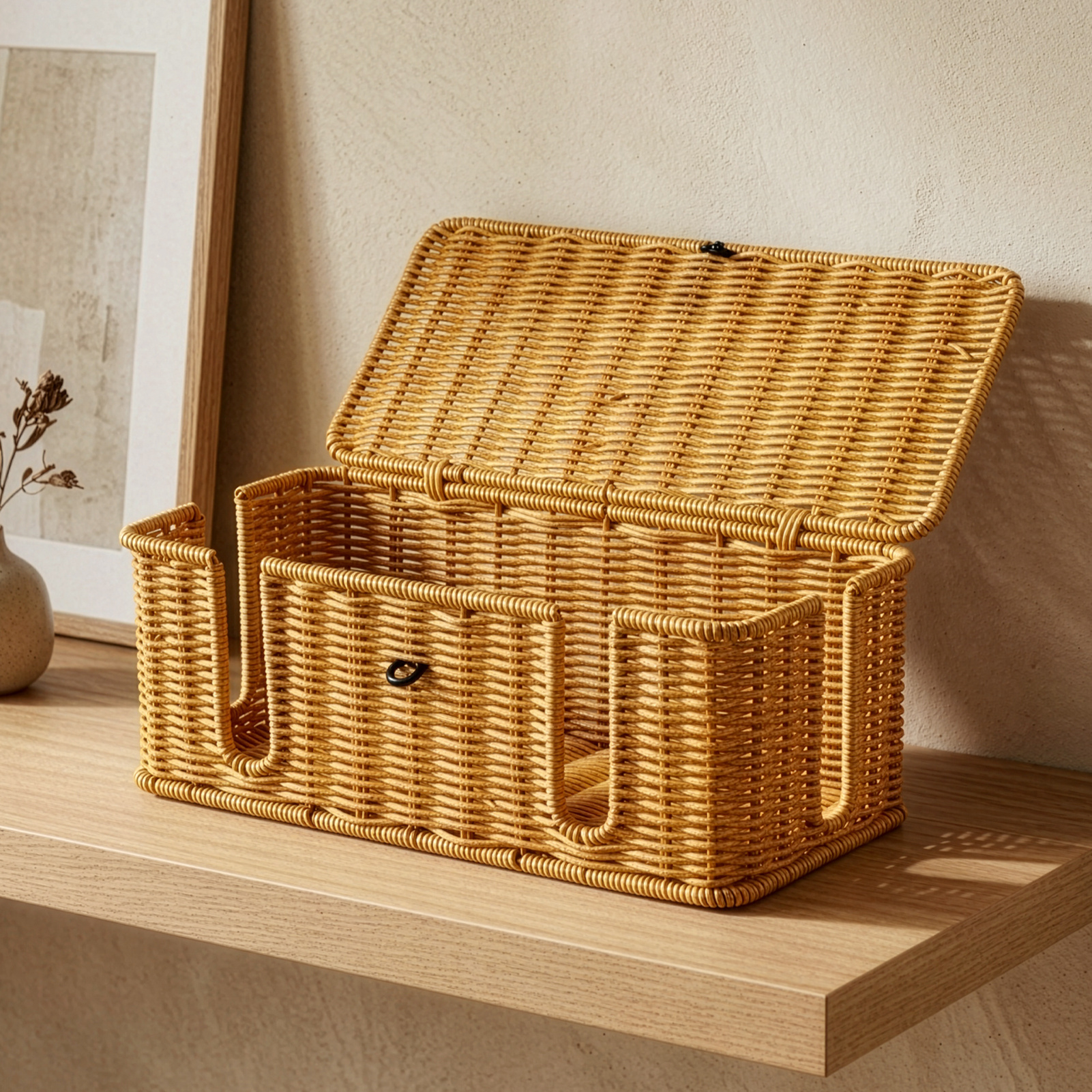 Rattan Woven Cable Organizer Box with Lid