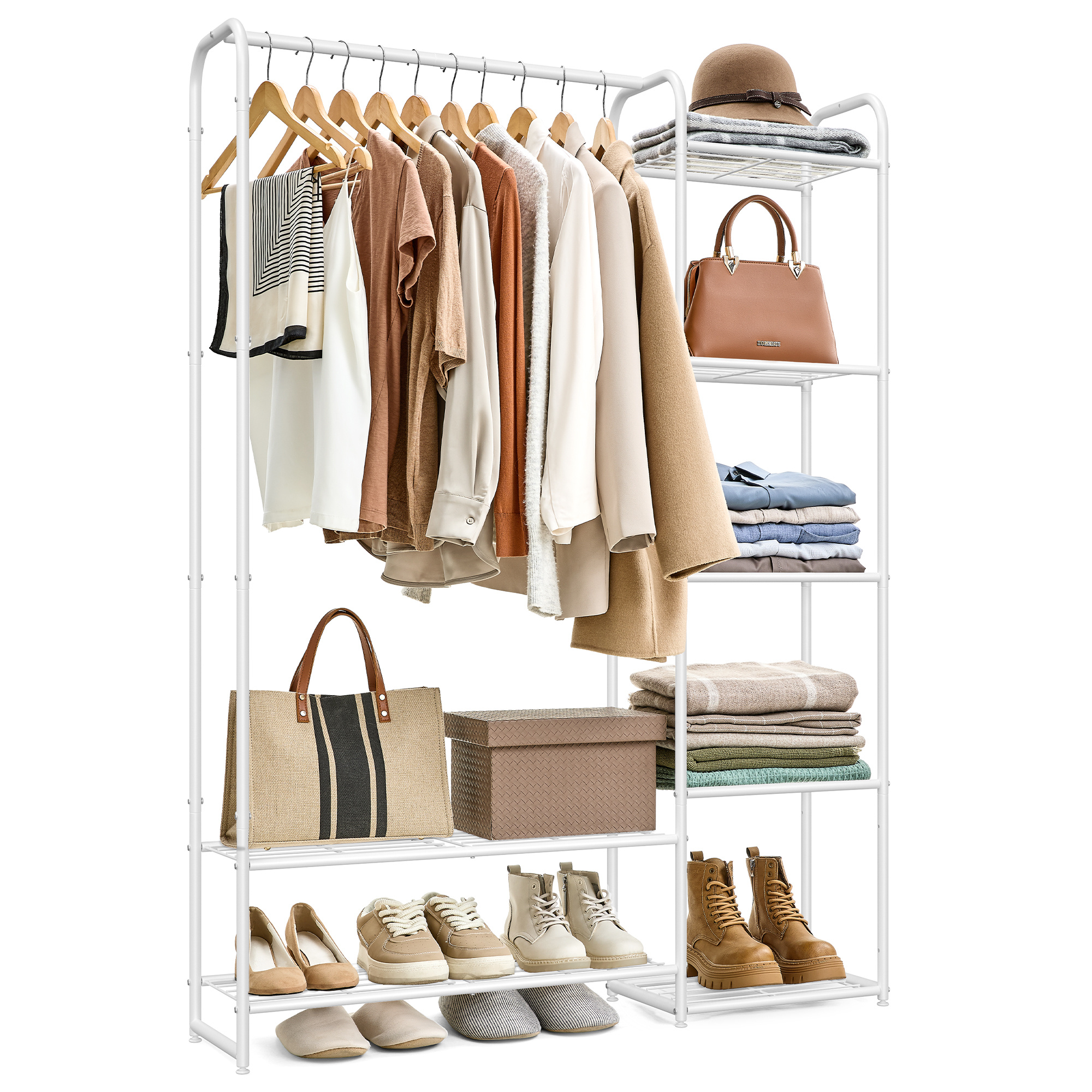 Open Wardrobe, Clothes Rail With Shelves, Metal Coat Rack, Freestanding, 29 X 112 X 158.4 Cm, Matte White