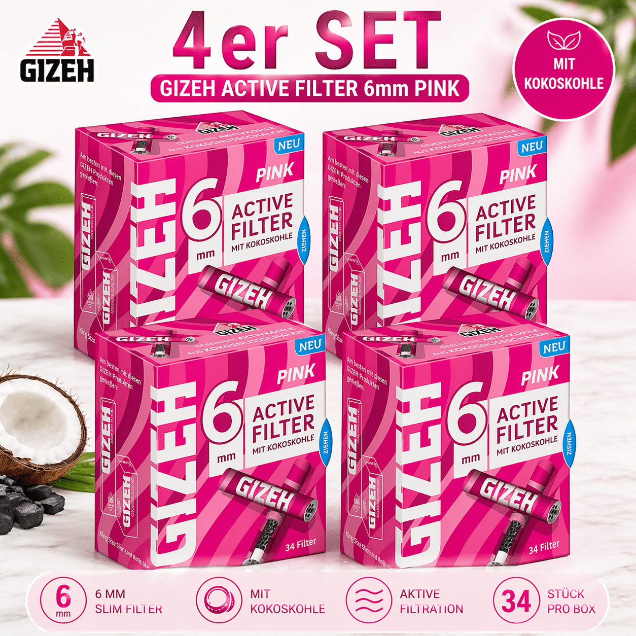 Active 6mm 4-pack – Activated With Coconut Charcoal | 34 Pieces Per Box, Slim Filter