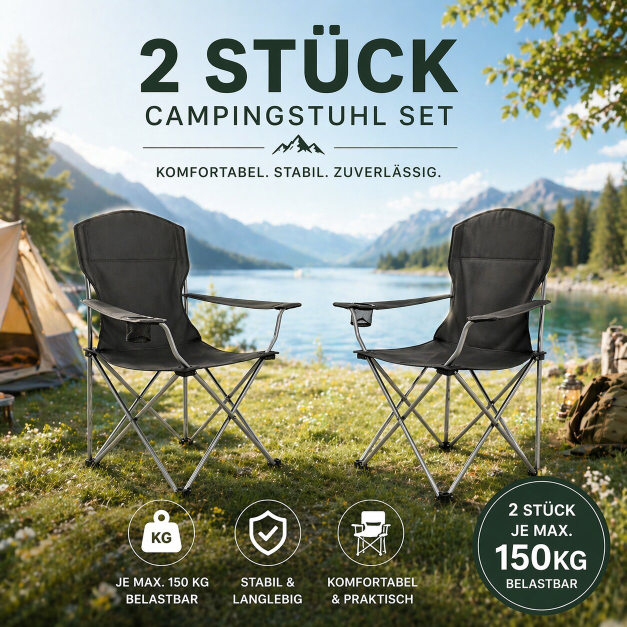 E-shop 2er Set XL Campingstuhl faltbar bis 150kg belastbar Gartenstuhl Anglerstuhl Campingstühle Anglersessel Faltstühle Klappstuhl Faltstuhl