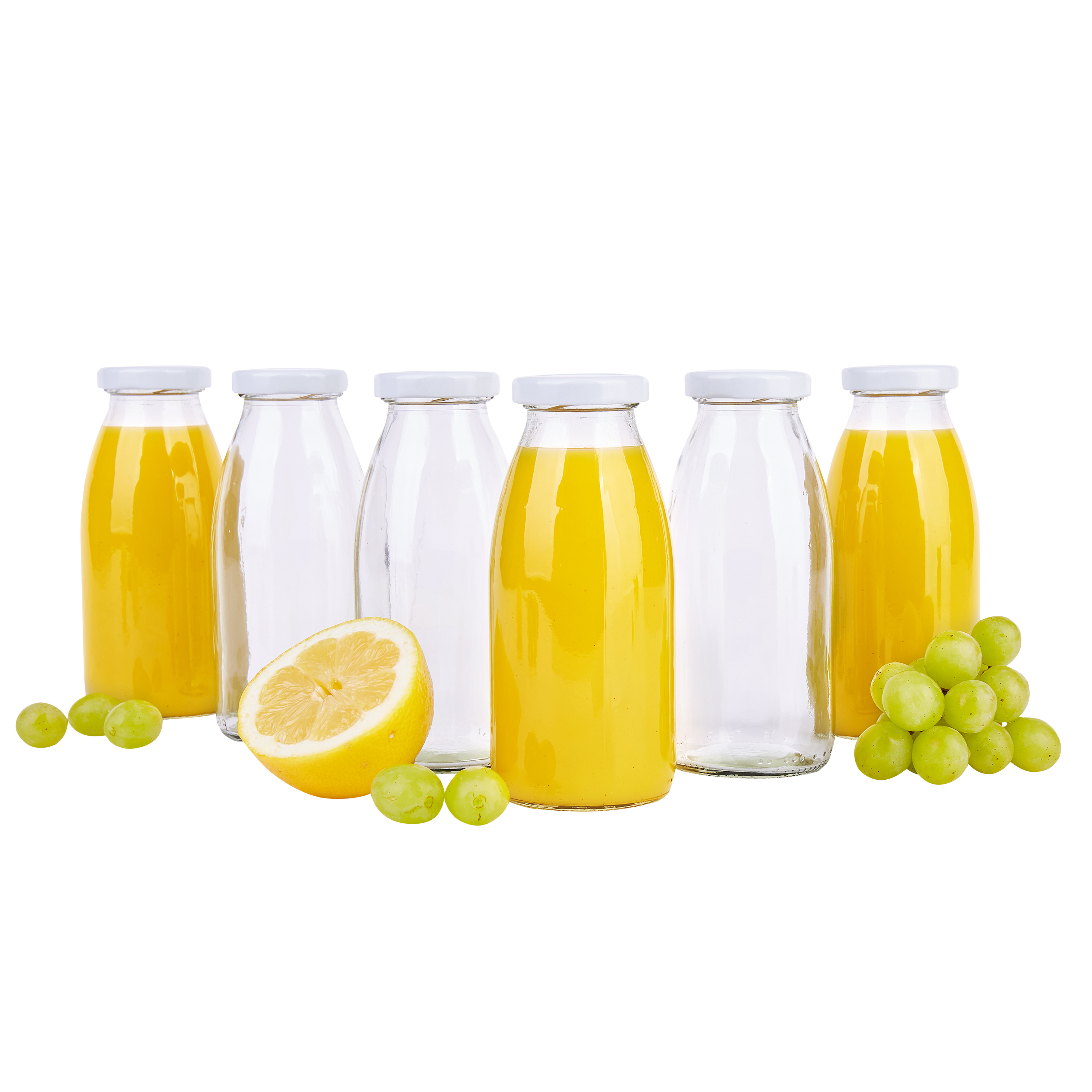 6-pack Juice Bottles 250ml With Cap To43, White Bulbous Glass Carafe For Milk And Drinking
