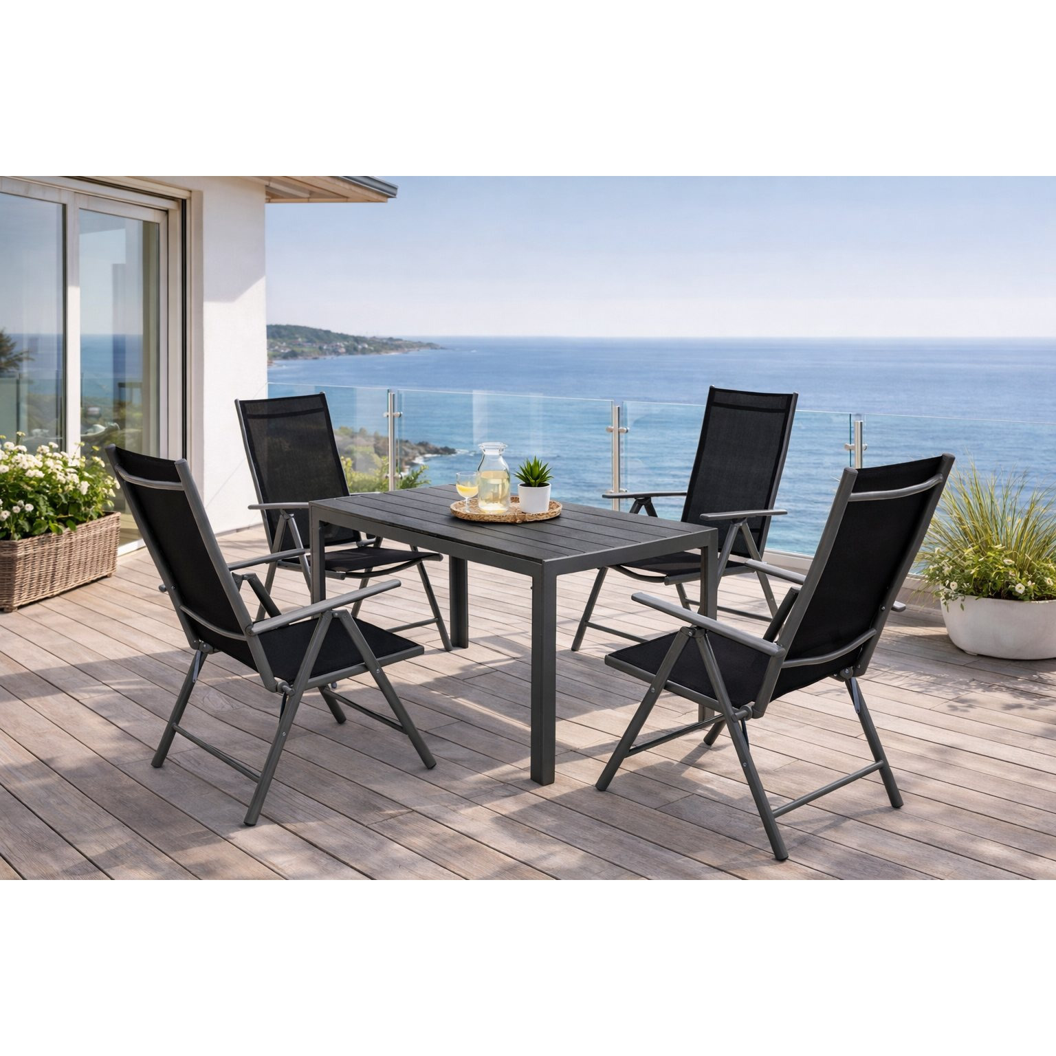 5-piece Set, Aluminum + Wood + Synthetic Fabric In Black