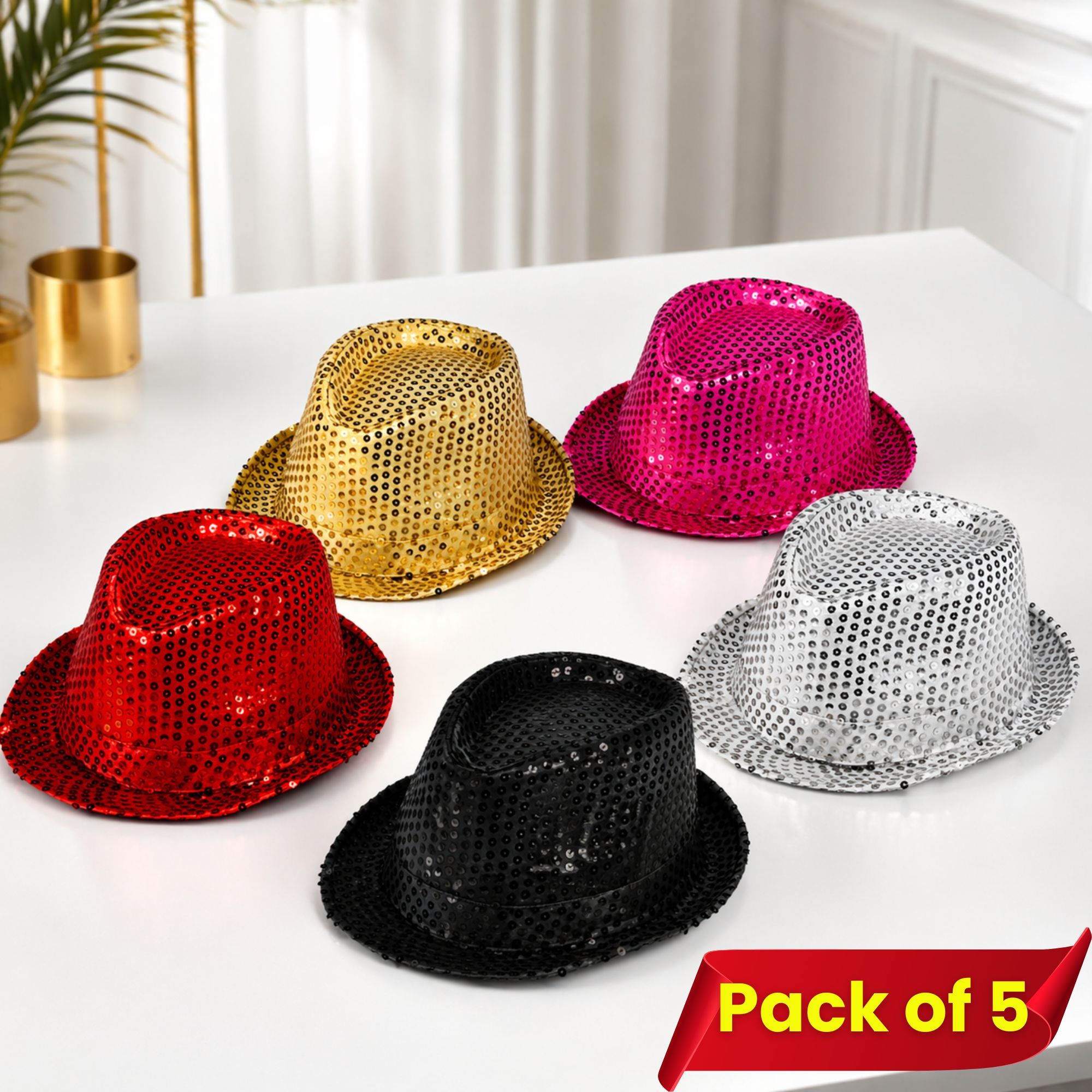 TEMU Pack Of 5 Sequin Disco Party Hat Adults, Unisex Glitter Bowler Trilby Hat, Jazz Hat For Men Women, Festival Prom Cosplay Fedora Headwear | 5 Pcs