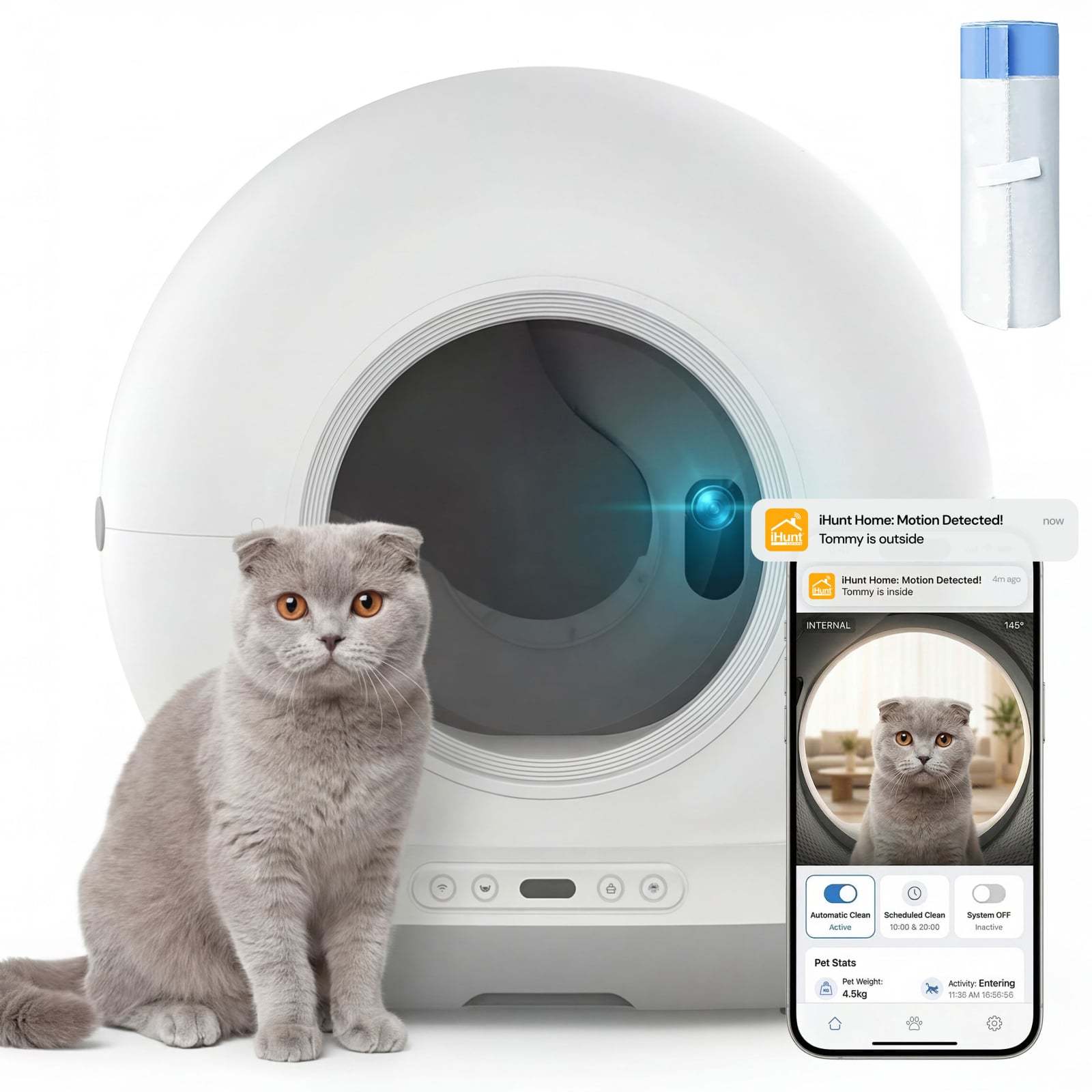Ihunt Litter V7 Automatic Litter Box, 72l, Silent, Wifi, Video Camera, Weight/motion/gravity Sensor, Automatic/scheduled Cleaning, Child Lock, /ios App