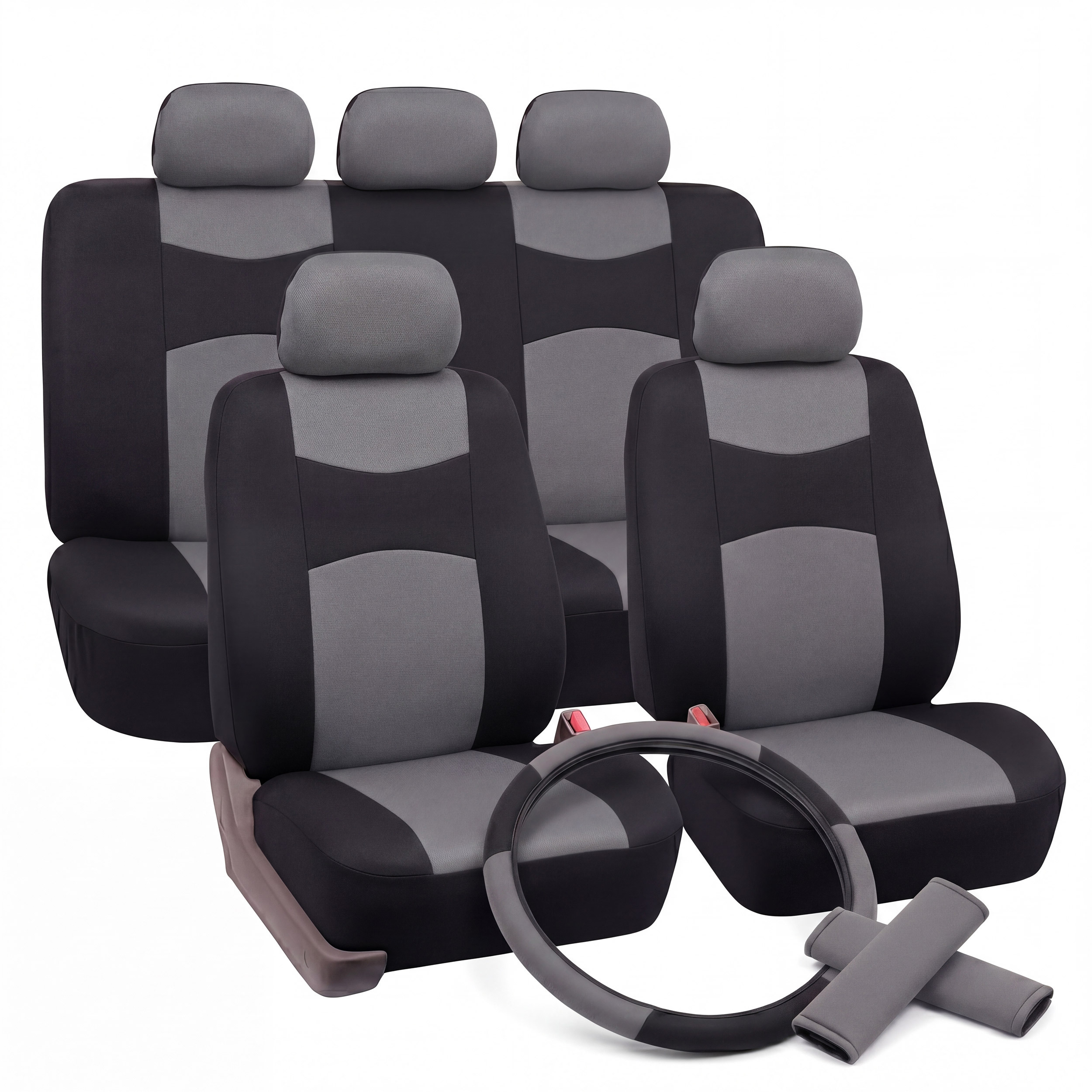 TEMU Set Coprisedili Auto Universali con 2pz Copri Cintura e Coprivolante inclusi, fodere sedili completi compatibili con anteriori e posteriori