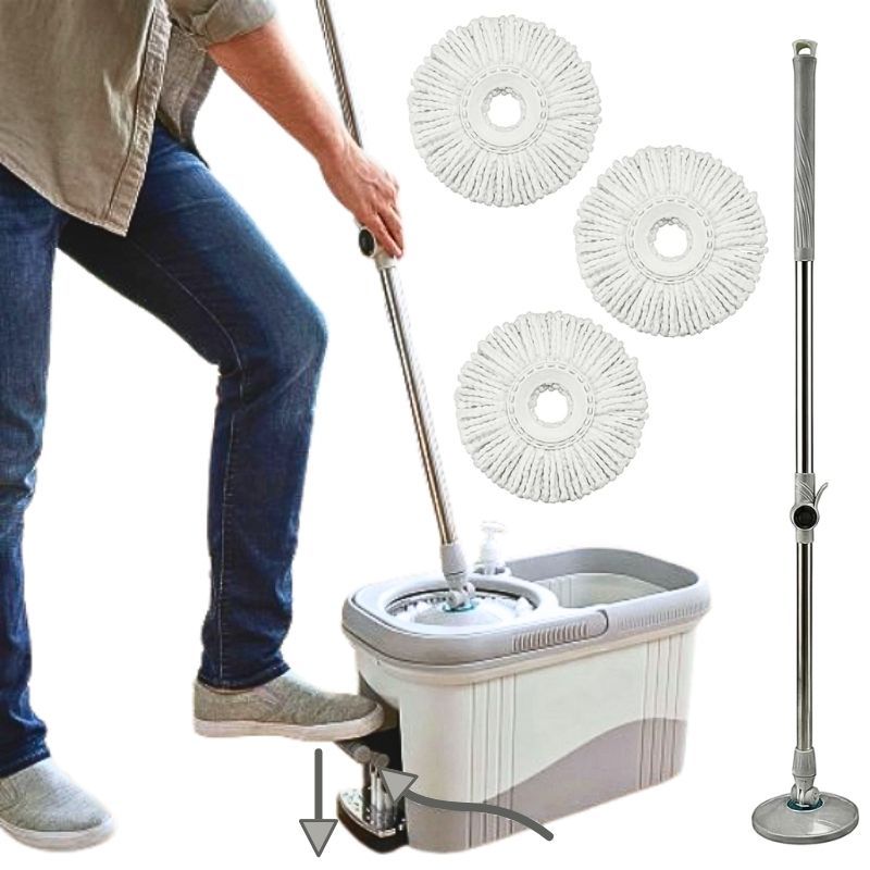 TEMU Spin Mop & Bucket Set With Foot Pedal, Rotating Wringer Mopping, Adjustable Handle, Reusable Washable 1+2 Microfibre Heads, Liquid Bottle For