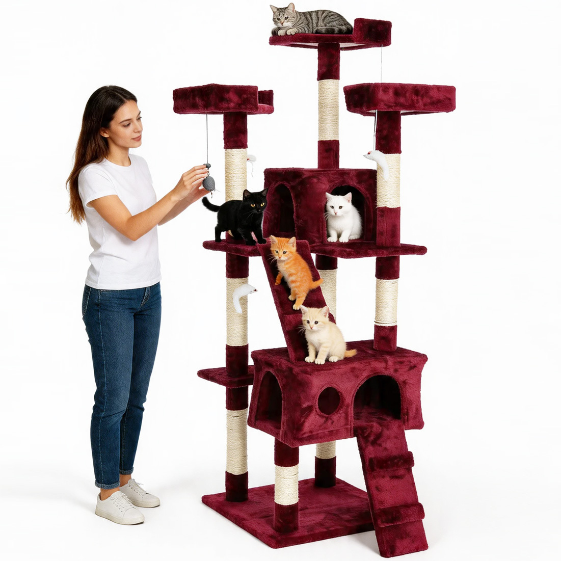 TEMU Bakaji Scratching Post For Cats Sisal Playground Cat Scratcher Unghie High 170 Cm Red Wine