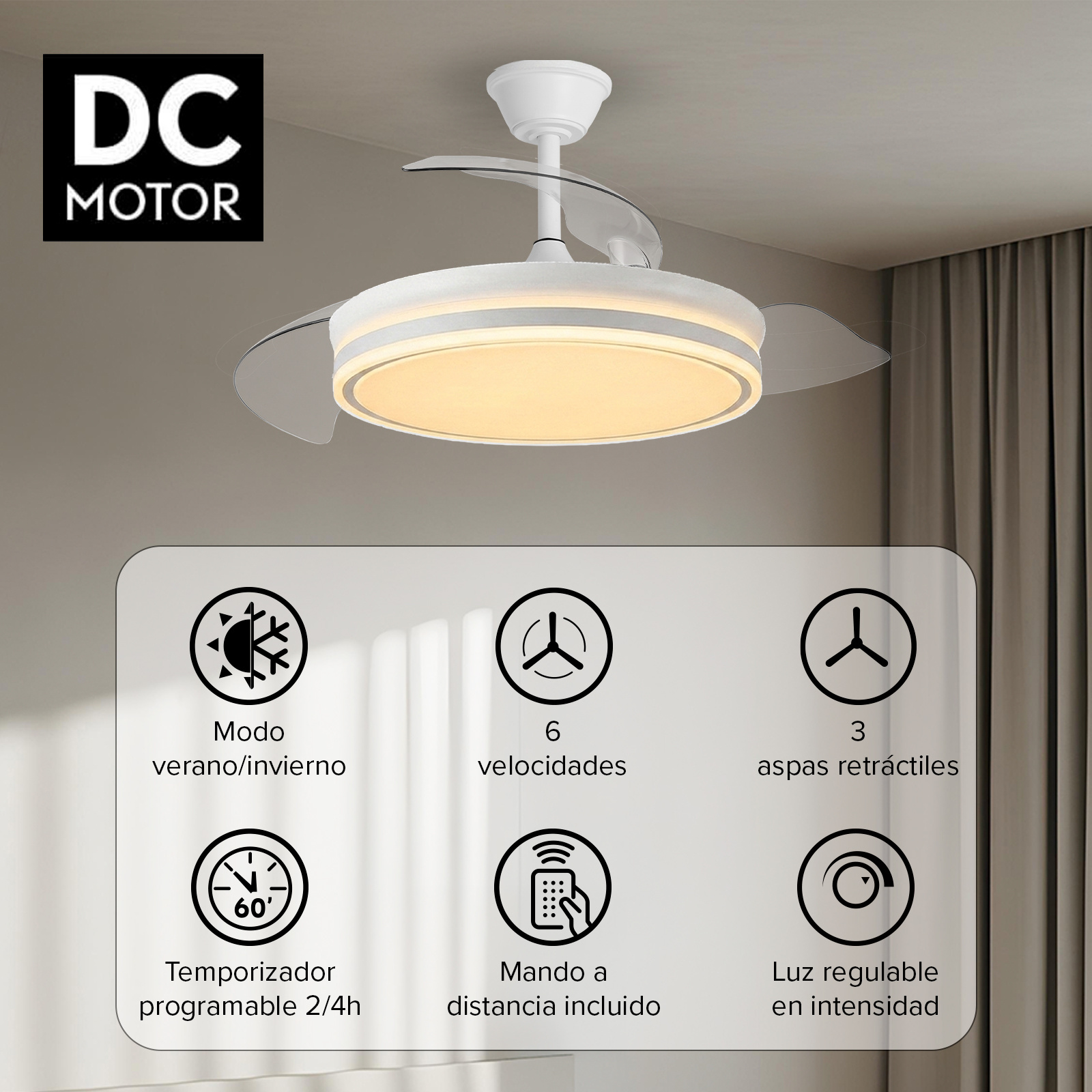 Ventilador de Techo con Luz LED Aspas Retráctiles, SPTO-2, 3 Tonalidades, Control Remot...