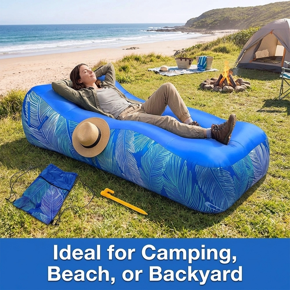 1 heavy duty inflatable air sofa with windproof rings quick inflation     portable backpack bag stakes inflatable lounger for outdoor camping beach festival relaxation