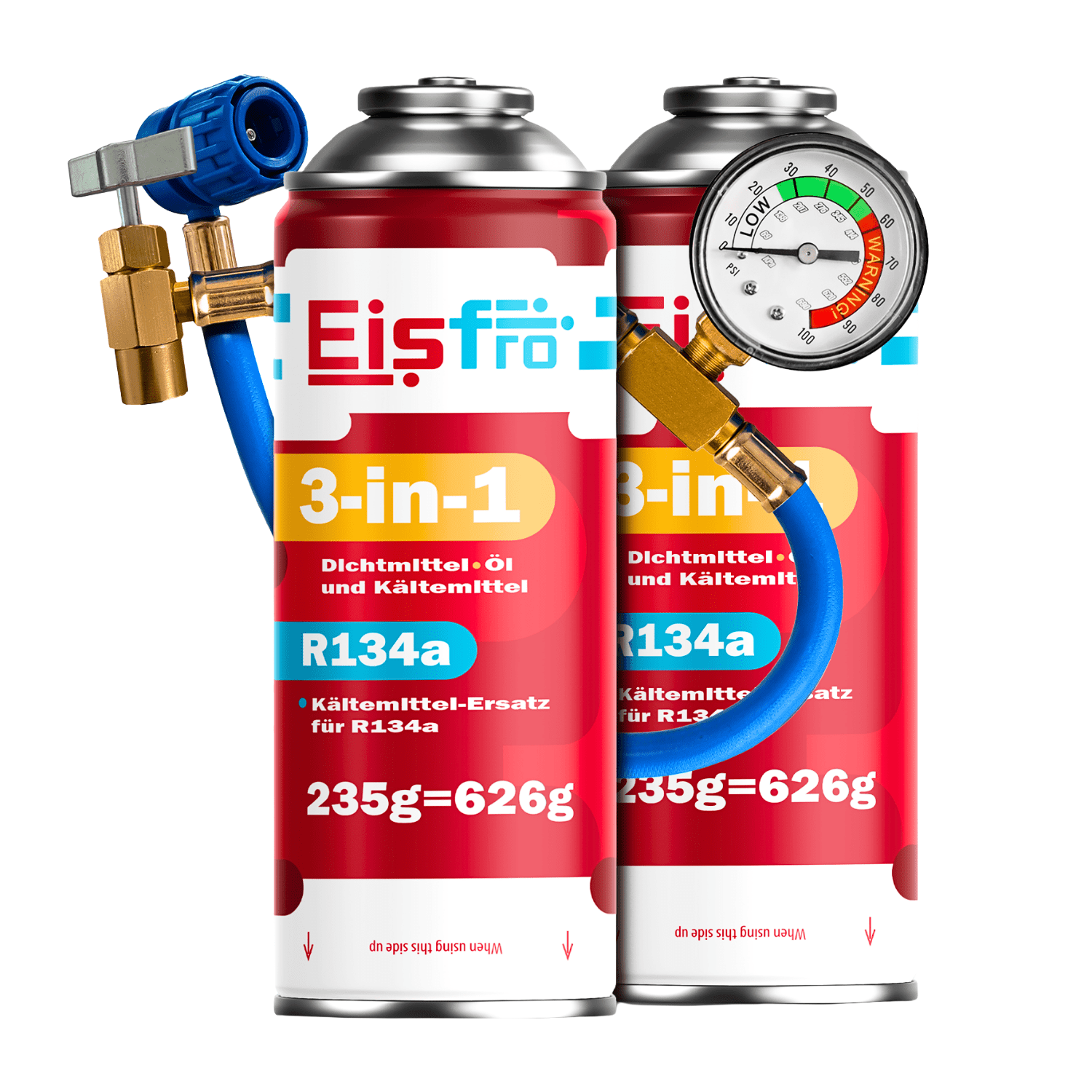 Kit 2x 3w1 R134a Refrigerant - Conditioning Refill In 10 Minutes, 3w1 Formula, Gas, Oil, Sealant, Hose With Manometer, Reusable Valve With Return Thread.